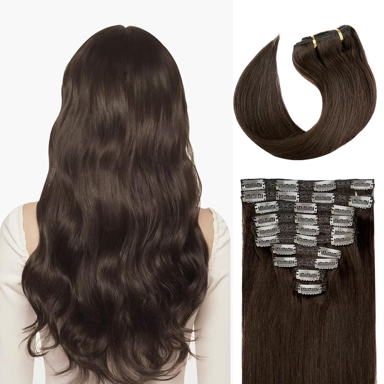 22" Clip in Human Hair Extensions Full Head 200g 10 Pieces 22 Clips Light Brown Double Weft Brazilian Real Remy Hair Extensions Thick Straight (22"