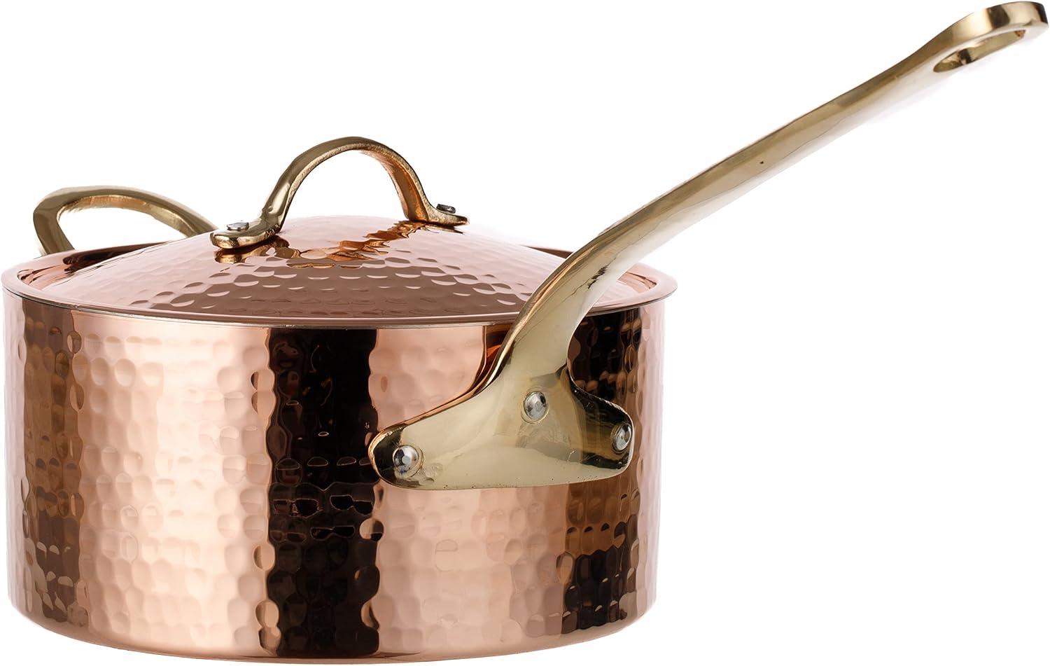 DEMMEX 1.2mm Thick Hammered Uncoated Copper Saucepan with Lid & Helper Handle, Food-Safe Tin Lined (1.7-Quart)