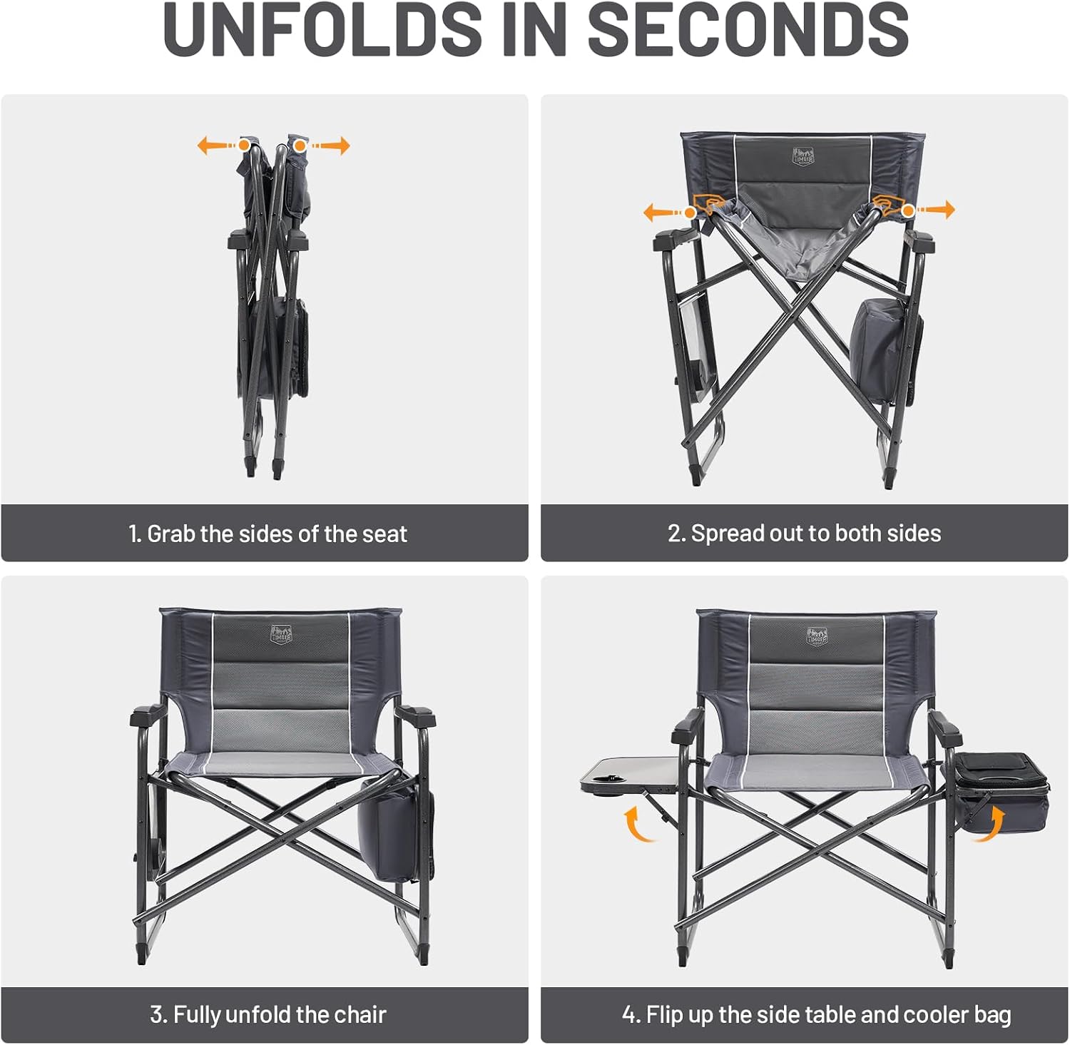 Timber Ridge XXL Oversized Directors Chair 600lbs - Heavy Duty Camping Chair with Cooler Bag & Table, Portable Folding Chair with Wide Seat for Tailgating, Patio, Outdoor - Grey
