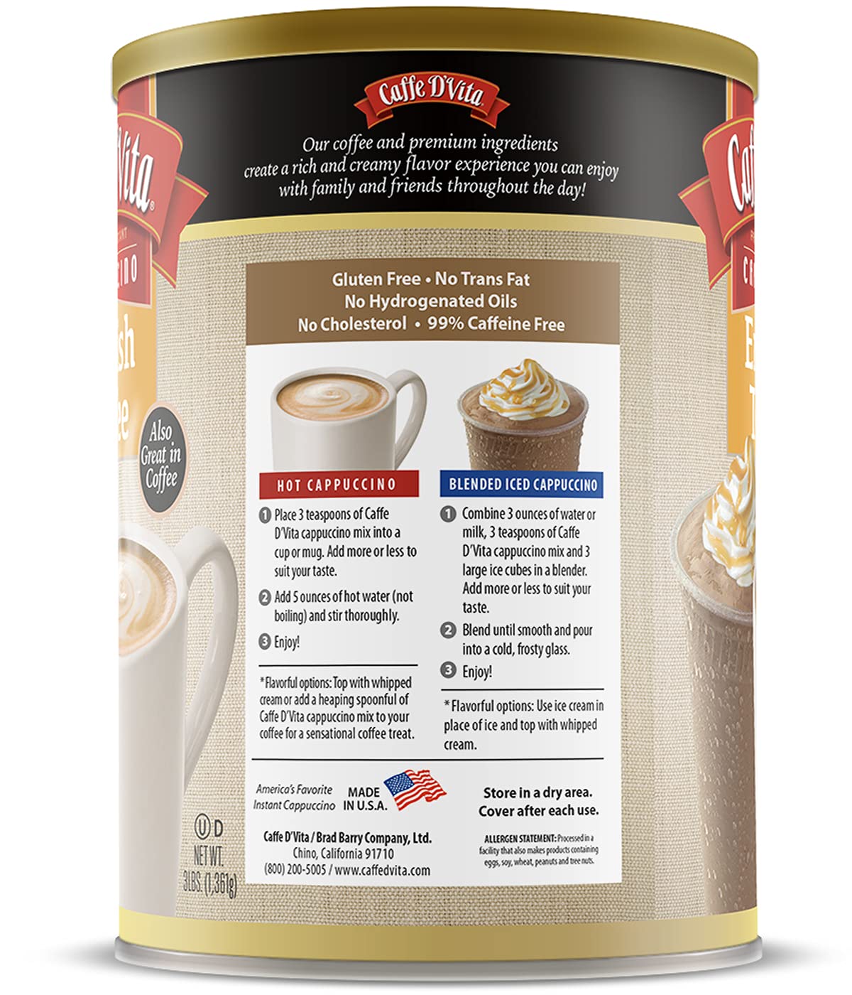 Caffe D'Vita Mocha Cappuccino Mix - 4 lb can (64 oz.) | Instant Cappuccino Mix, Gluten Free, No Cholesterol or Trans Fat, 99% Caffeine Free, Mocha