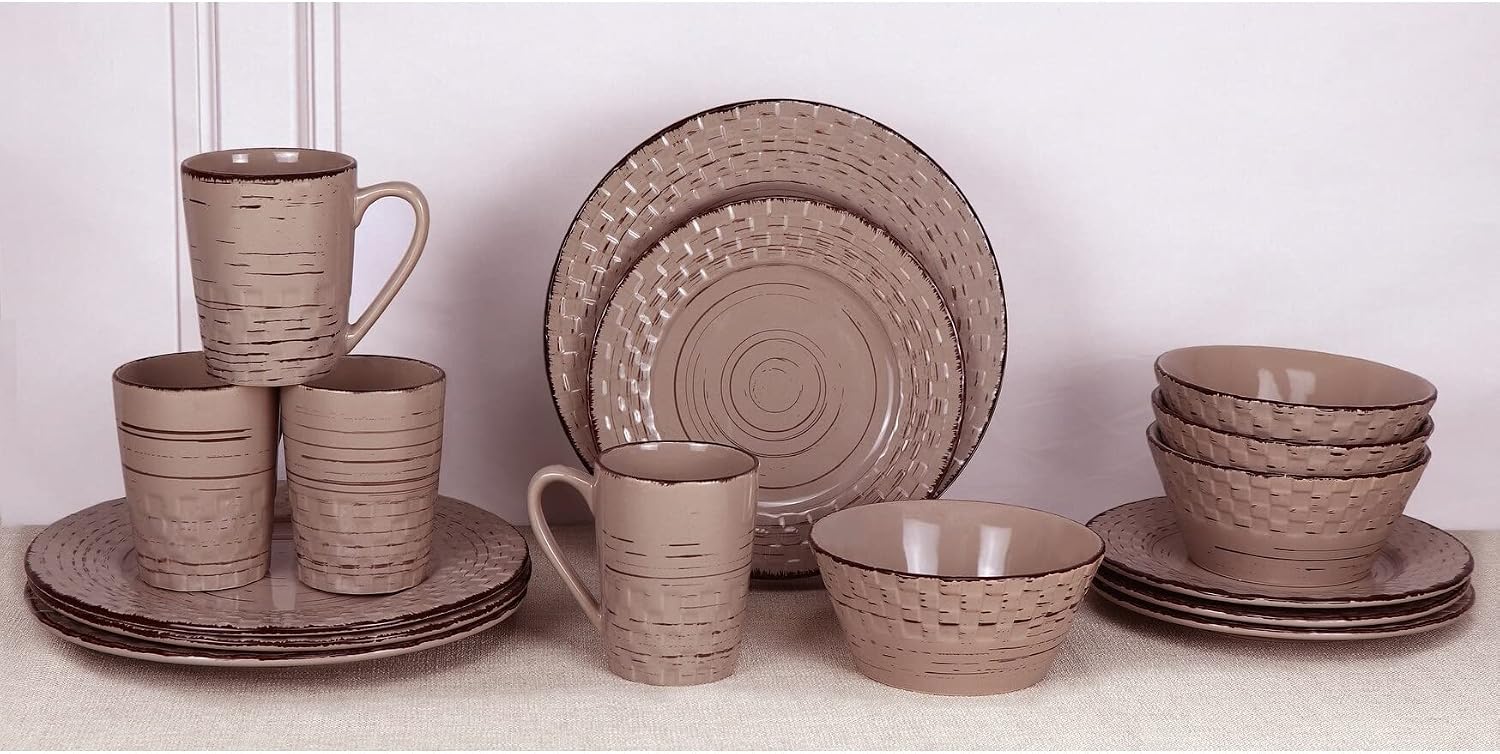 Lorren Home Trends Distressed Weave Dinnerware Set, Buttercup, 16 Piece | Service for 4