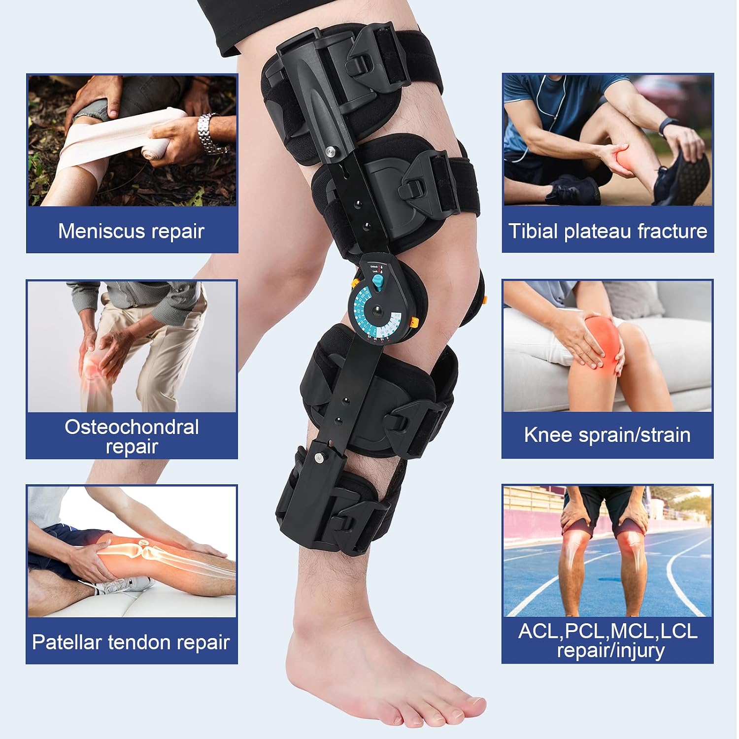 Hinged ROM Knee Brace with Adjustable Locking Dial 0°-120° | Post Surgery Knee Immobilizer & Stabilizer for ACL