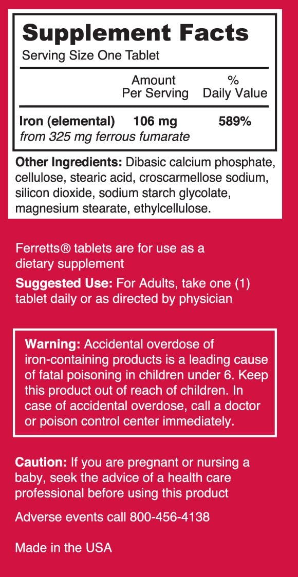 Iron Tablets 106mg (325mg Ferrous Fumarate) - 60 Day Supply of High Potency Iron Supplements for Women & Men