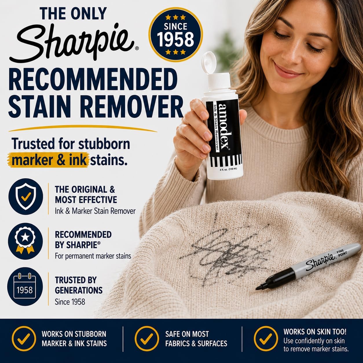 Amodex Ink and Stain Remover Unique Soap Liquid Formula 4 fl oz Bottle