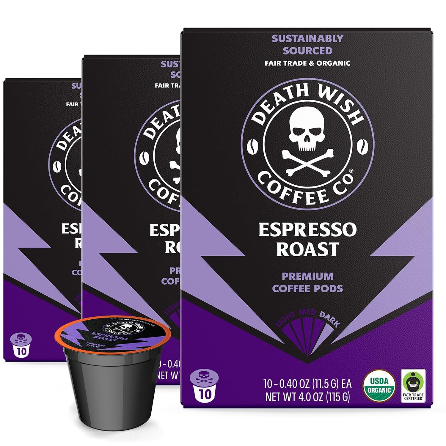 Death Wish Coffee Dark Roast Single Serve Coffee Pods, Organic, 50 Count | Fair Trade Arabica & Robusta, Baker's Chocolate & Cherry Notes, Low Acidity, Heavy Smooth Body, Bold & Intense