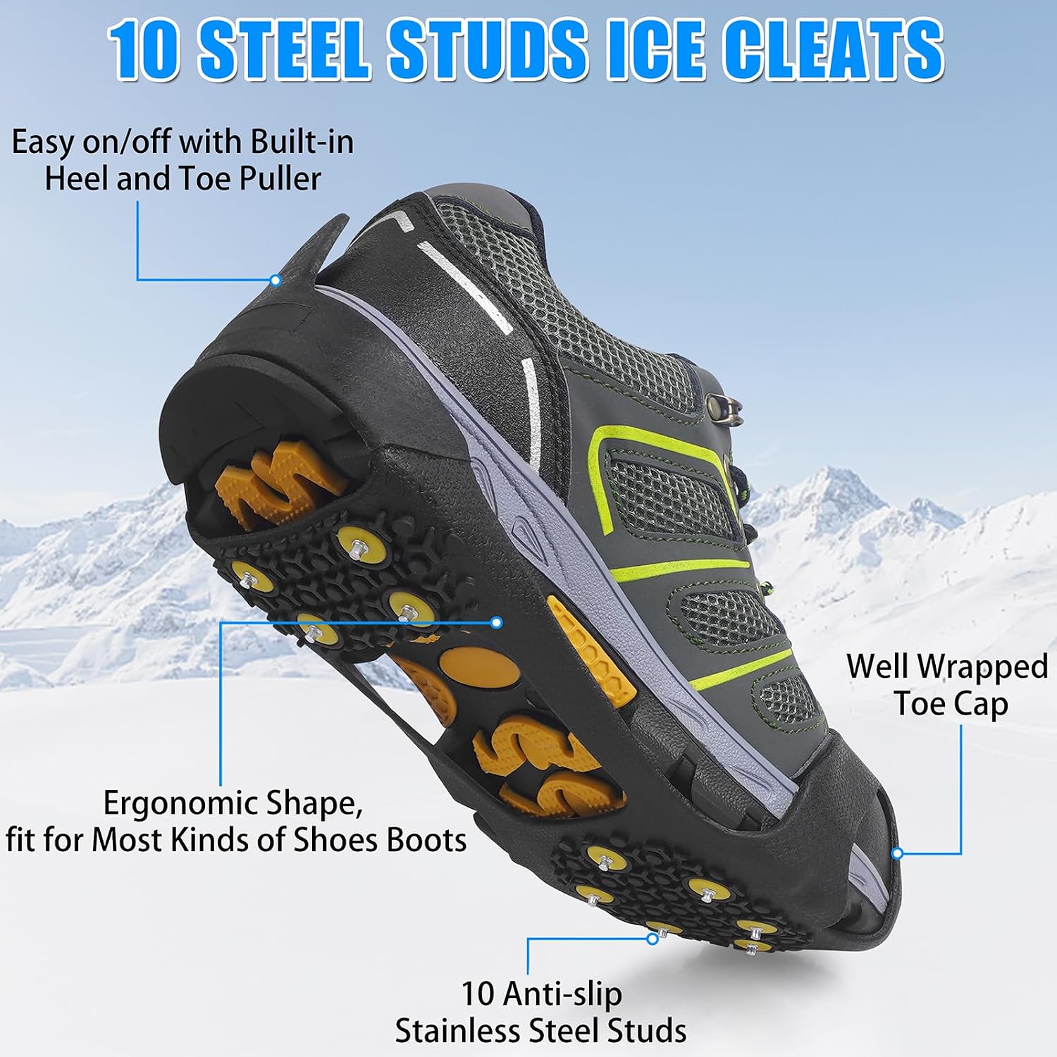 Ice Cleats for Shoes and Boots Men Women Winter Walking Ice Snow Cleats Anti Slip Snow Traction Shoes Crampons 10 Steel Studs Overshoe Slip-on