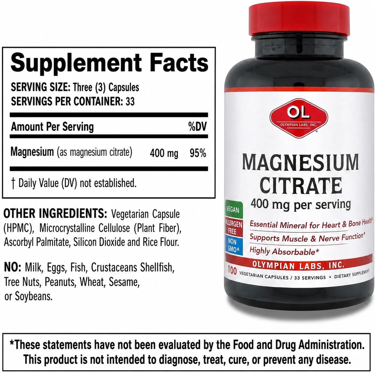 Olympian Labs Magnesium Citrate 400mg - 300 Capsules - Easy Absorbable, Supporting Healthy Bones, Healthy Heart and Calcium Absorption