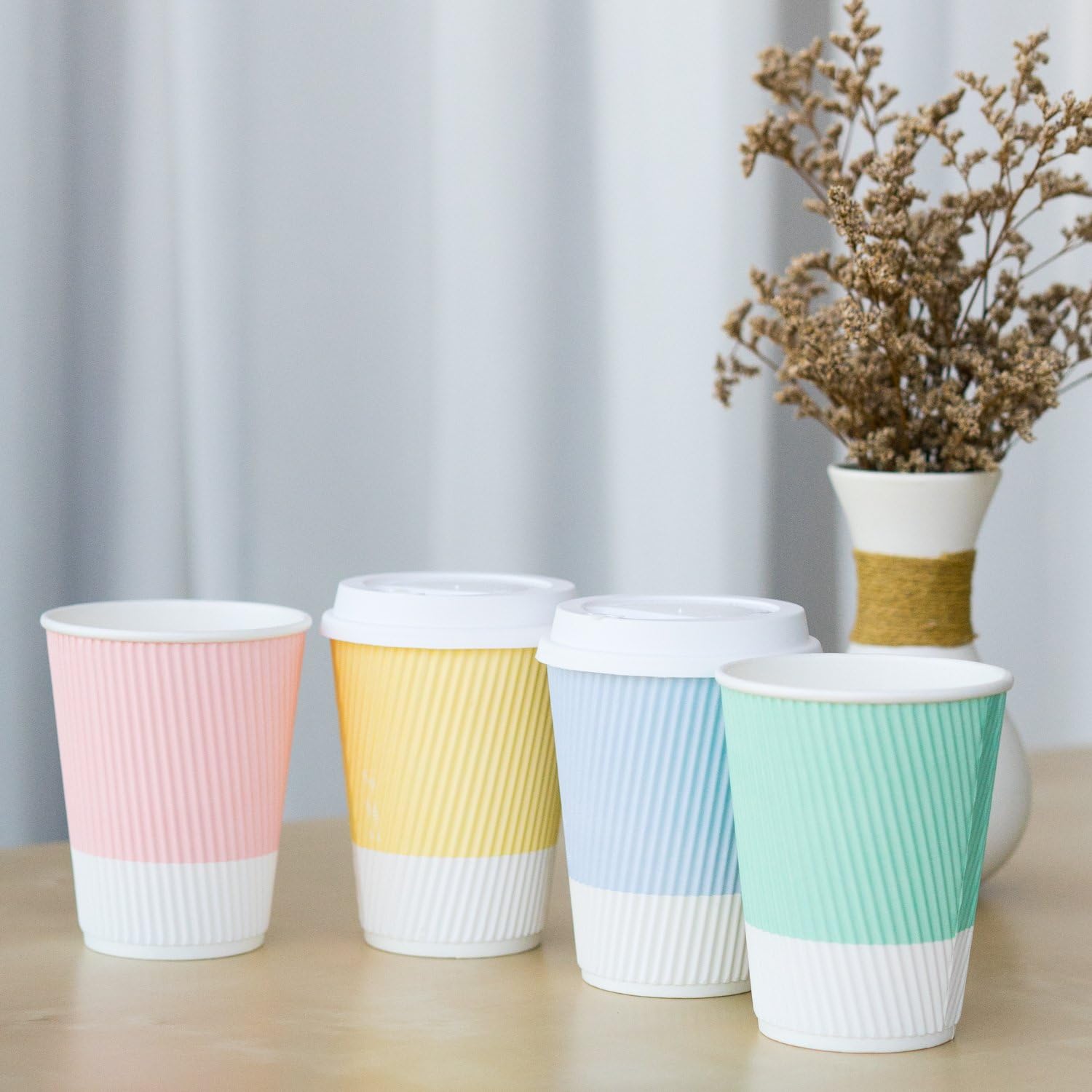 Disposable Coffee Cups With Lids - (80 set) 12 oz Paper To Go Coffee Cups With Resealable Lids Prevent Leaks! Travel Insulated Hot Beverage Drink Cup. Will Not Bend With Heat or Burn Fingers