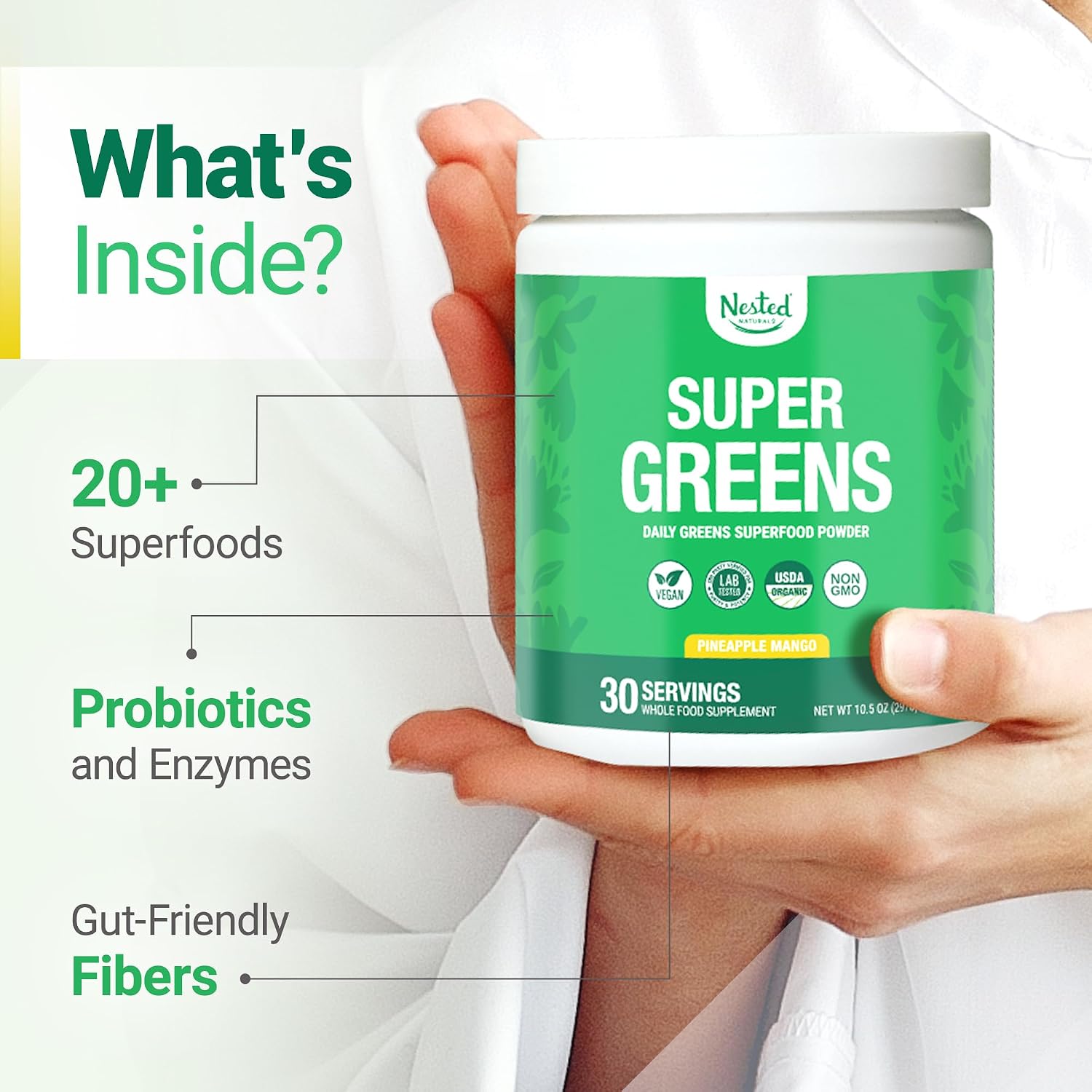 Nested Naturals Super Greens Daily Superfood Powder - Certified USDA Organic Green Powder w/20+ Whole Foods, Spirulina Powder,Wheat & Barley Grass - Probiotics, Fiber & Enzymes - Original Flavour, 30