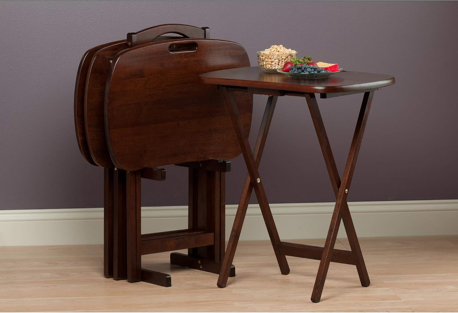 Winsome Lucca Set of 4 Foldable Snack Tables with Storage Rack, Walnut, 26" | Easy to Store Portable Fold Up Table Set for Kitchen, Living Room TV Dining, Crafts, Puzzles, Work From Home