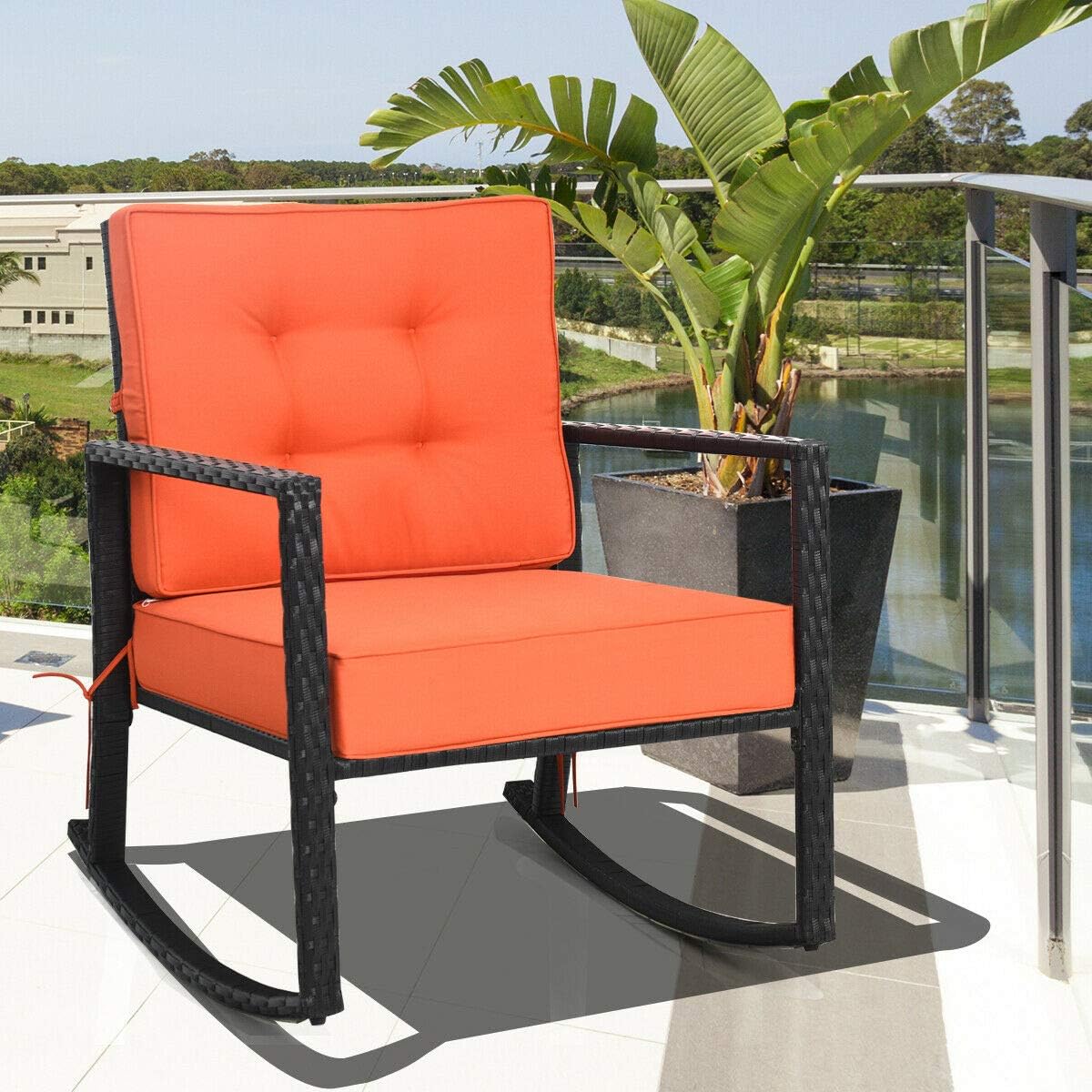 Tangkula Wicker Rocking Chair, Outdoor Glider Rattan Rocker Chair with Heavy-Duty Steel Frame
