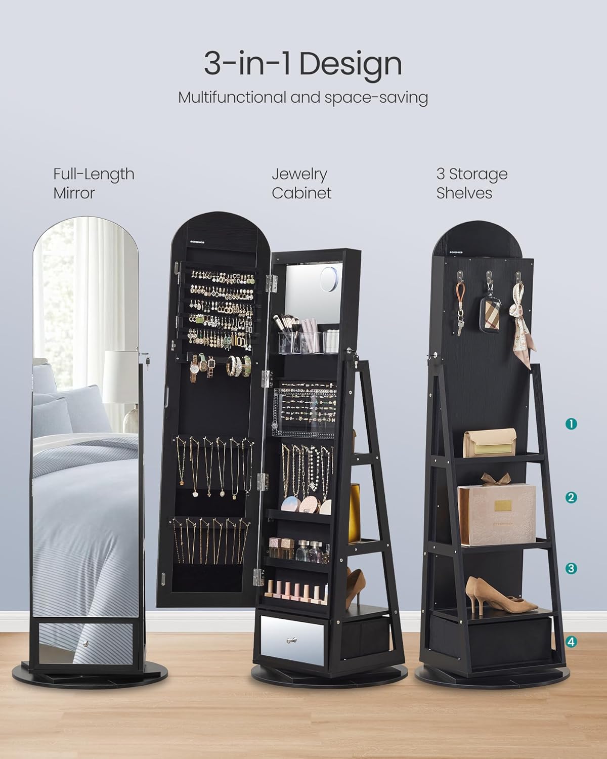 SONGMICS 360° Swivel Jewelry Cabinet, Full-Length Mirror, Lockable