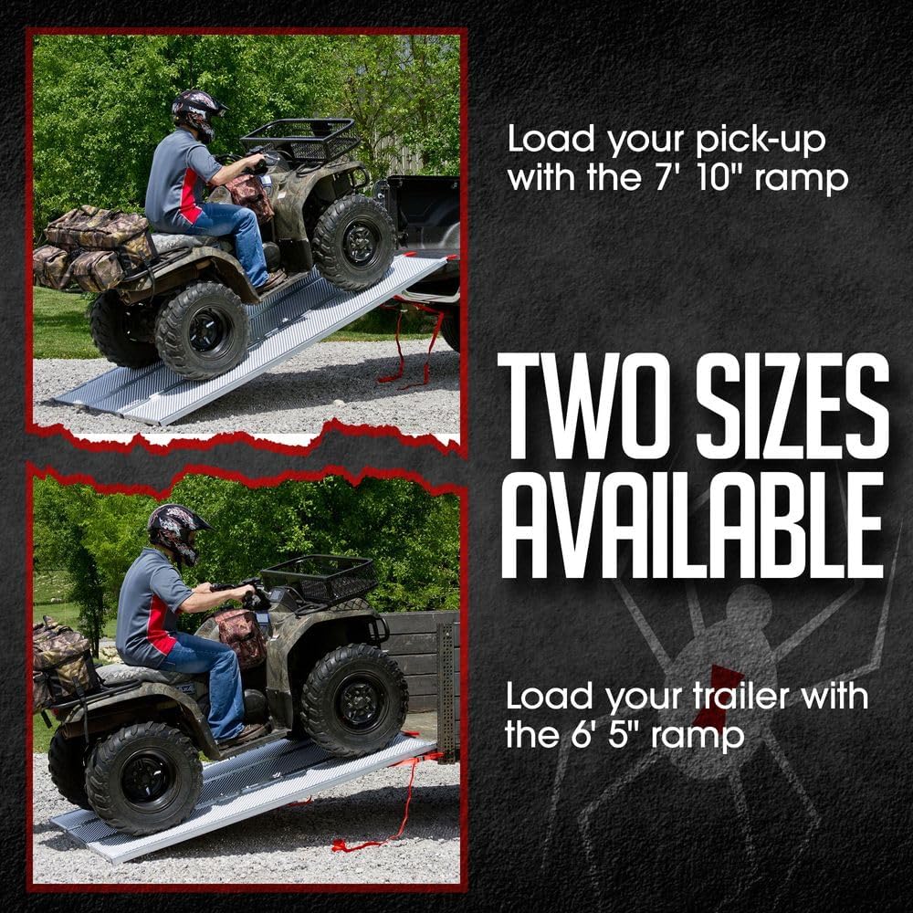 Black Widow 6ft 5in Aluminum Folding ATV Loading Ramp, 1500 lb Capacity | Load four-wheelers into trailer, folds into thirds for storage, safety straps included