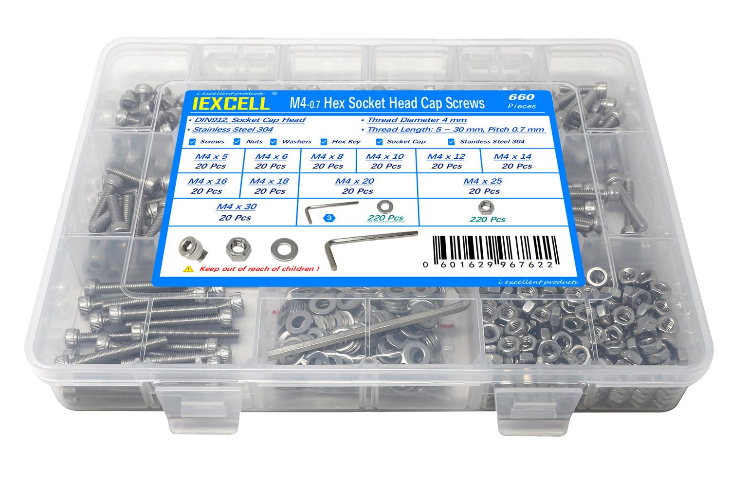 iexcell 20 Pcs M8 x 30/35/40/45/50 mm Stainless Steel 304 Hex Socket Head Cap Screws Bolts Assortment, Fully Threaded