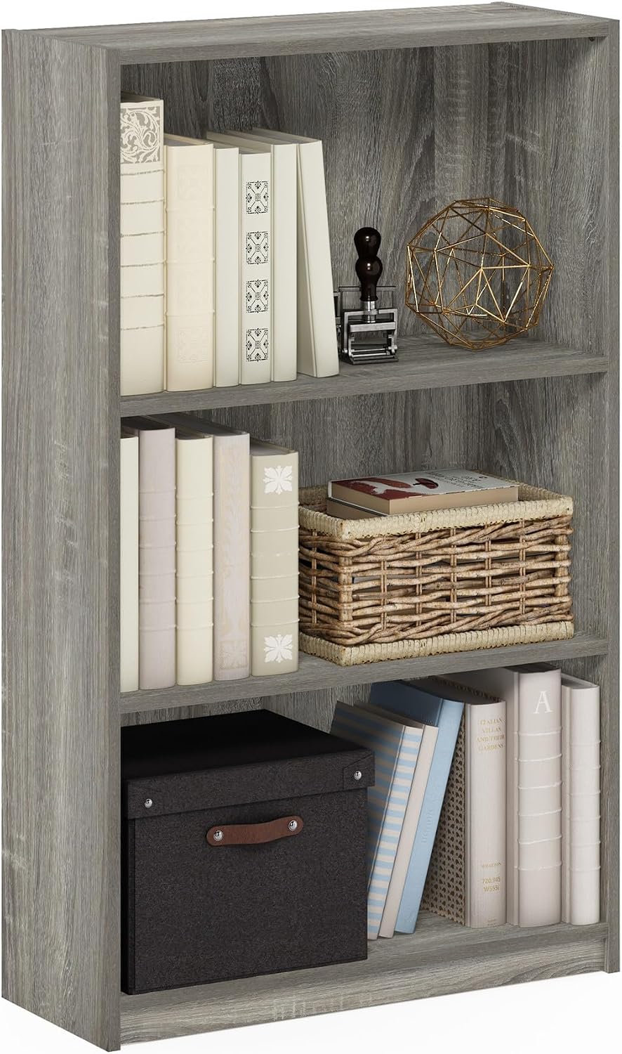 Furinno Jaya Book Shelf, 3-Tier Bookshelf, Bookcase with Adjustable Shelves, 9.5 x 24.5 x 40.3, for Organization and Storage, for Living Room, Bedroom, Home Office, White