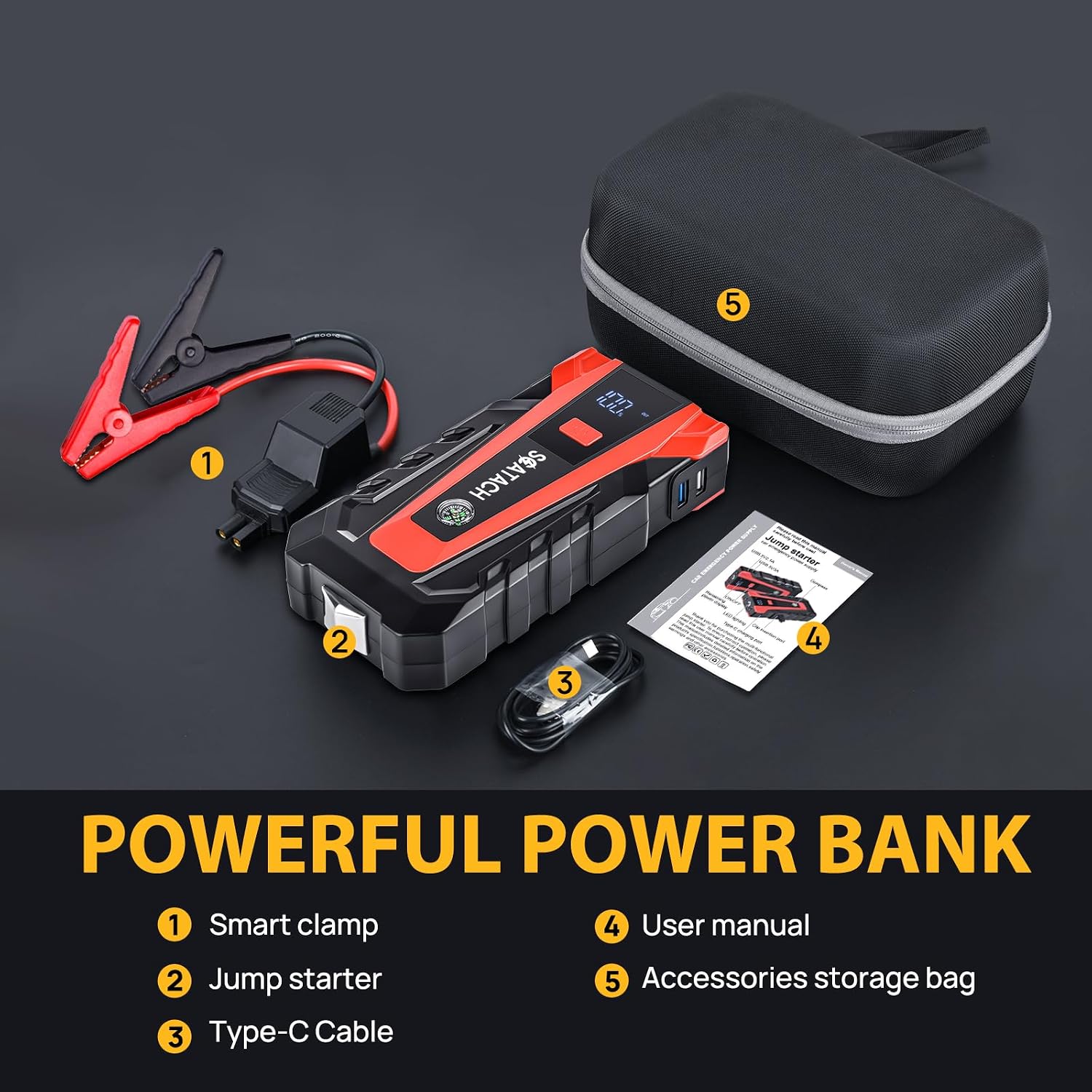 Scatach 6000A Car Battery Jump Starter,12V Portable Jump Starter Battery Pack (up to 9.0L Gasoline and 7.0L Diesel Engine), Jump Box with 3 Modes Flashlights, Jumper Cables, LED Display