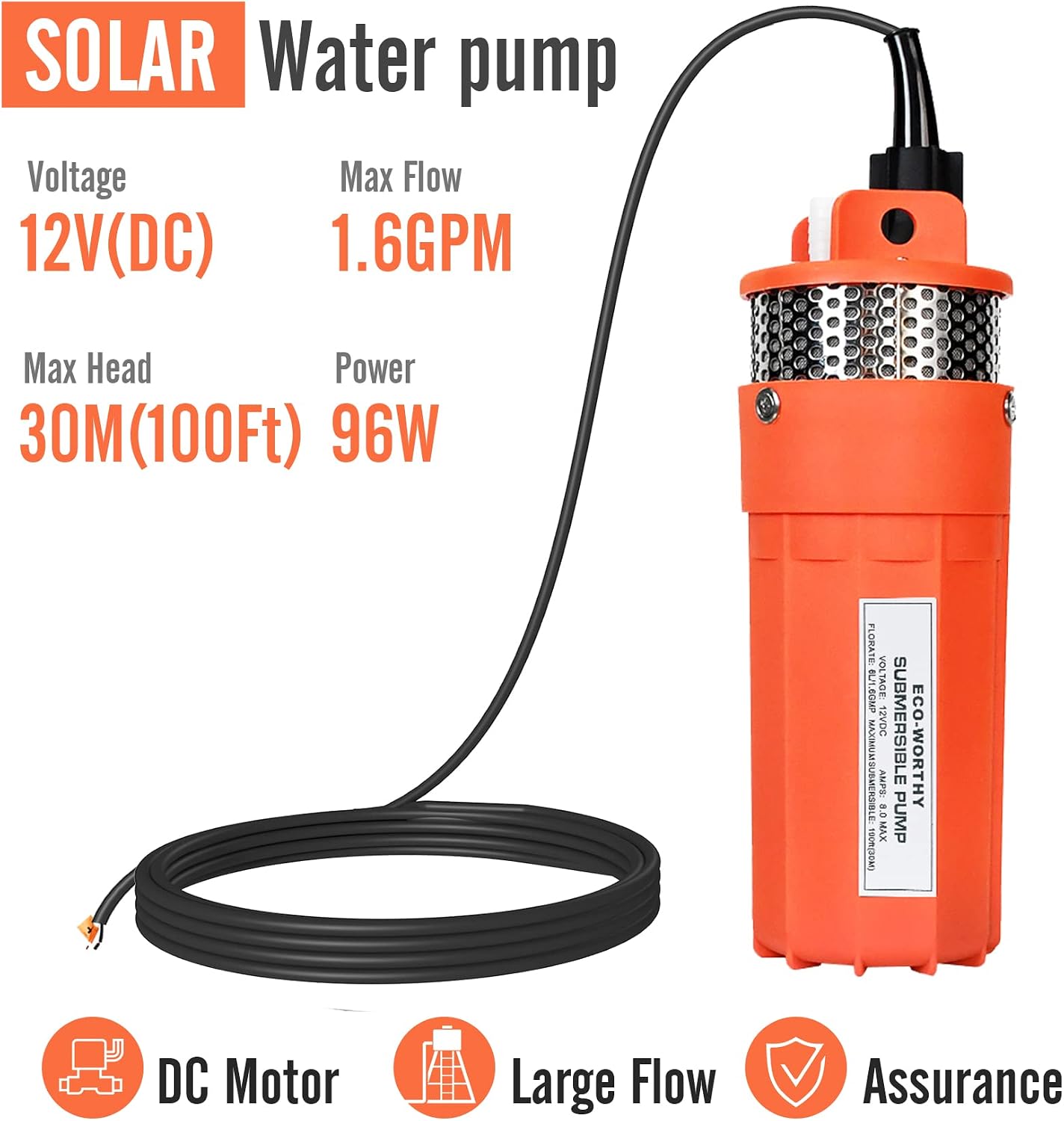 ECO-WORTHY 24V Submersible Deep Well Water Pump with 10ft Cable 1.6GPM 4'' 5A, Max Lift 230ft/70m, DC Pump/Alternative Energy Solar Battery Farm & Ranch Submersible Deep Well Pump