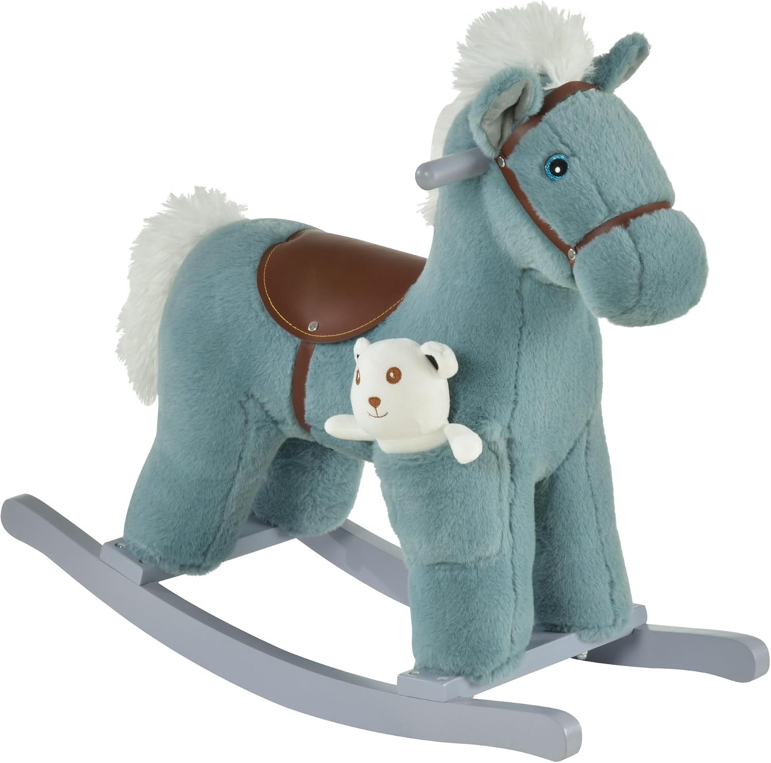 Qaba Kids Rocking Horse with Bear Toy Fun Realistic Sounds Toddler Blue