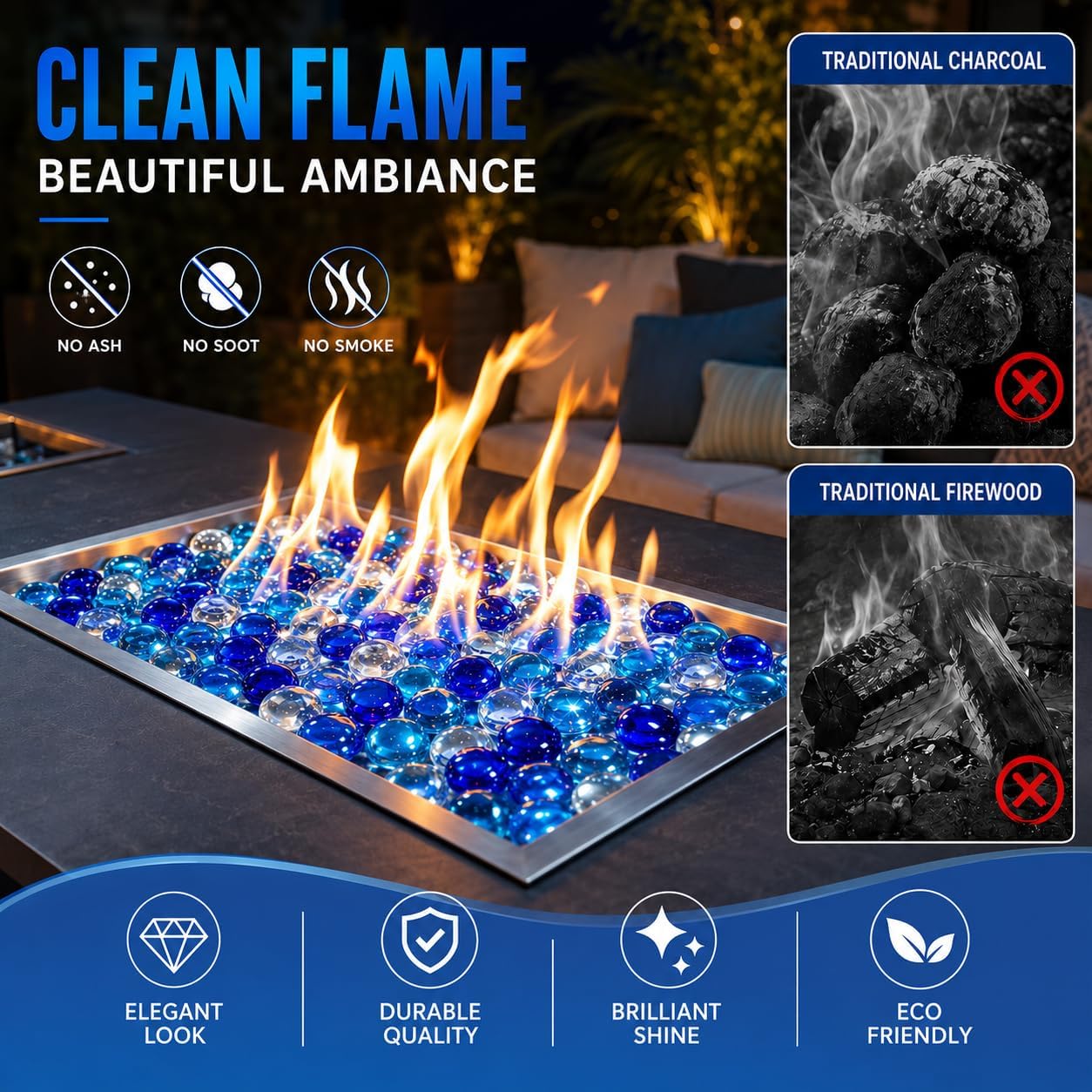 Hisencn Fire Glass Beads for Fire Pit 1/2 Inch, Blended Blue Fire Glass Rocks for Propane Gas Fireplace or Natural