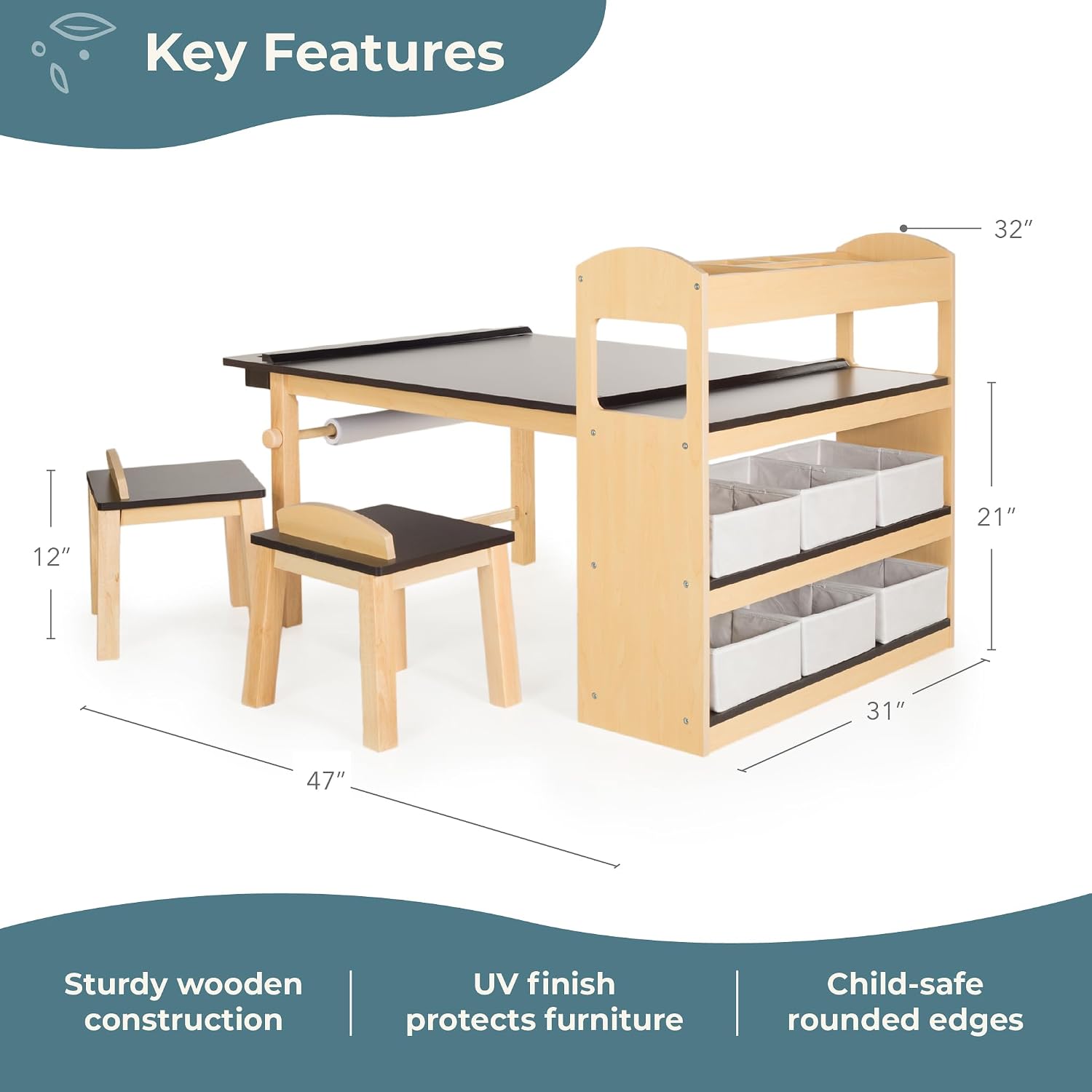 Guidecraft Deluxe Art Center: Kids' Montessori Art Table and Chairs Set with Storage Shelves, 6 Fabric Bins