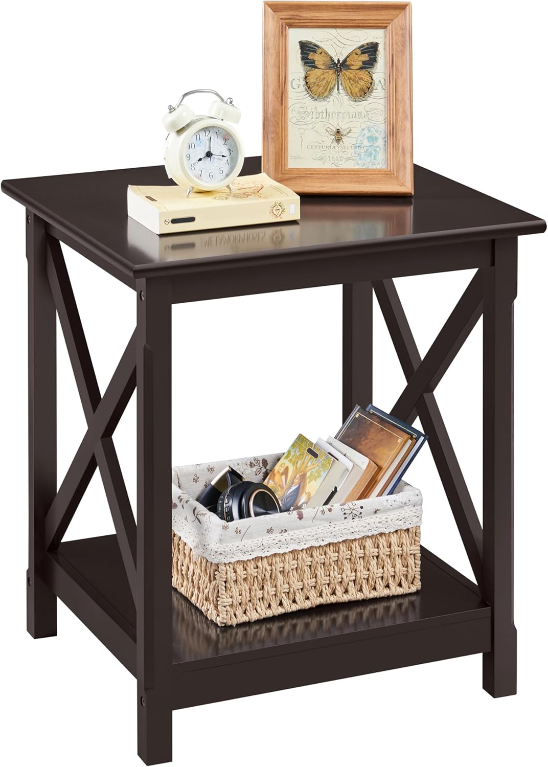 Yaheetech X-Side Frame End Table with 2-Tier Storage Shelf, Espresso