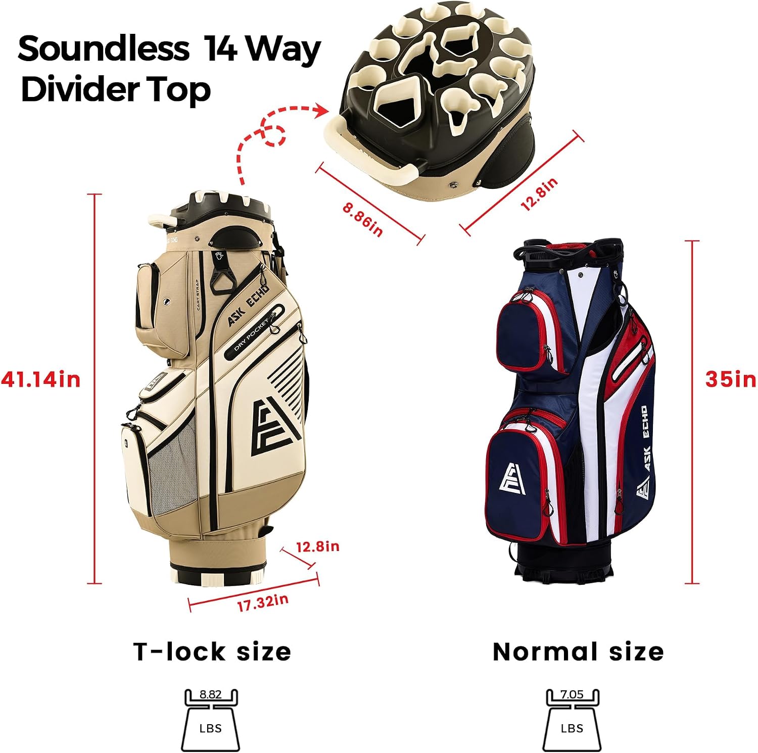 ASK ECHO T-Lock 3.0 Golf Cart Bag, Quiet 14-Way Full-Length Divider