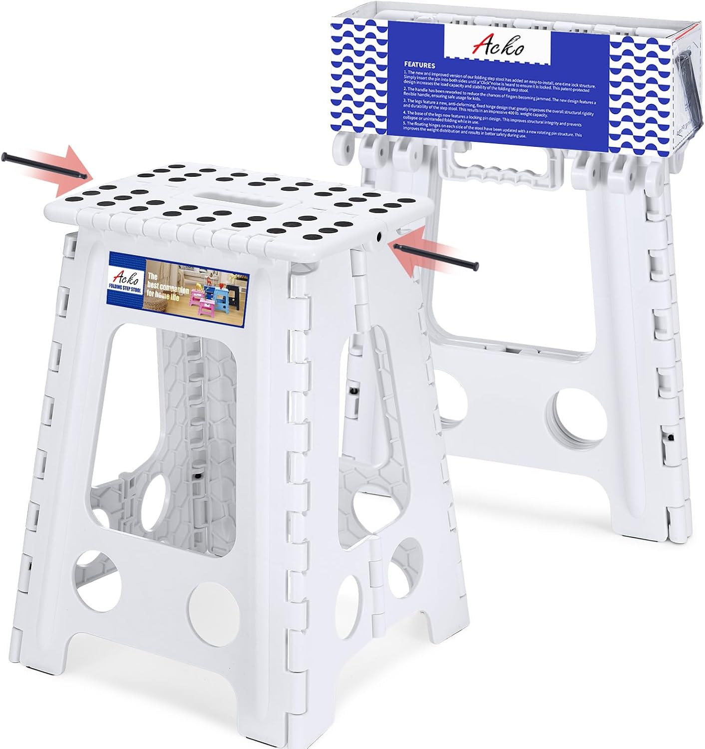 ACKO 13 Inch Folding Step Stool, Holds 300 lb for Adults and Kids, Black | Collapsible Heavy Duty Foldable Stools, Portable Non-Slip Foot Stepping stool, Kitchen Bathroom Bedroom Outdoor with Handle