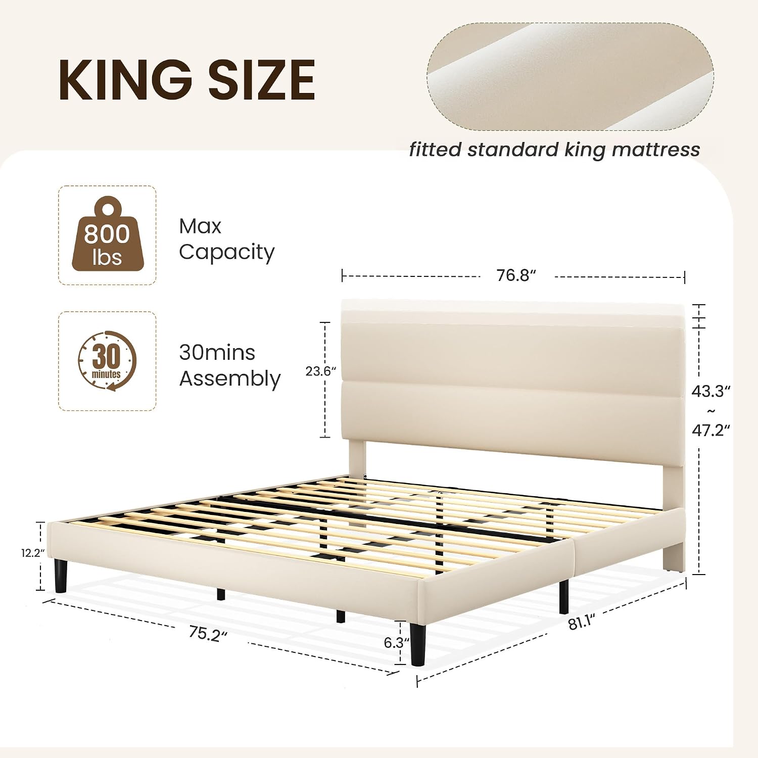 GRUSIGN Queen Size Platform Bed Frame with Velvet Headboard, Adjustable Height Wooden Slats Support, Upholstered Mattress Foundation, Fits Mattress or Mattress with Box Spring, Easy Assembly, Beige