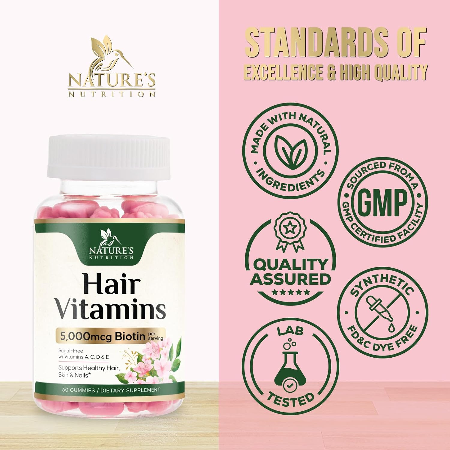 Hair Vitamins Gummies with Biotin 5000 mcg Per Serving - Extra Strength Hair Growth Support Vitamin E & C - Stronger Radiant Hair