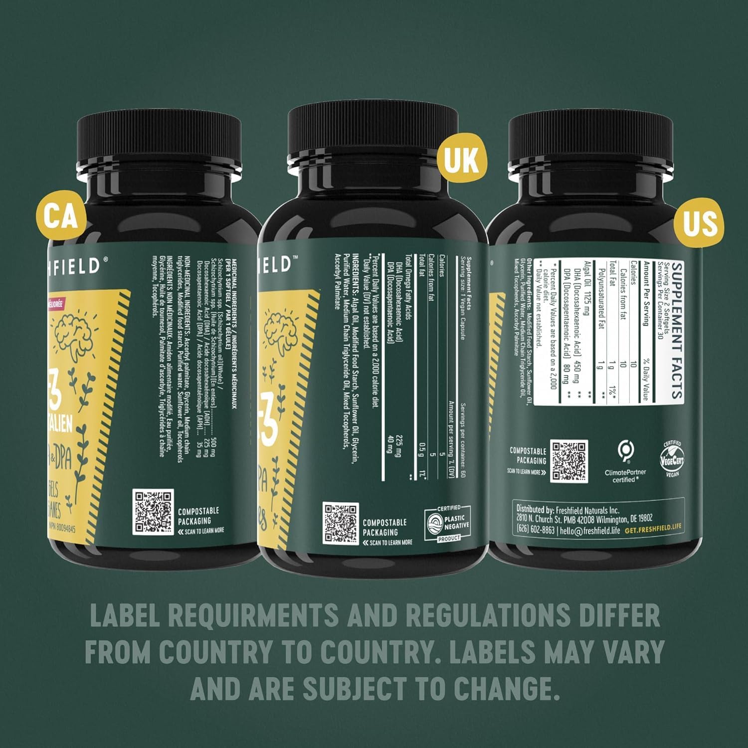 Freshfield Vegan Omega 3, Algae (Algal) Oil, Fish Oil Free Company, Third Party Tested, Carrageenan Free, DHA Supplement w/DPA, Plant Based Omega. Supports Heart, Brain, Joint Health. Lemon Scent