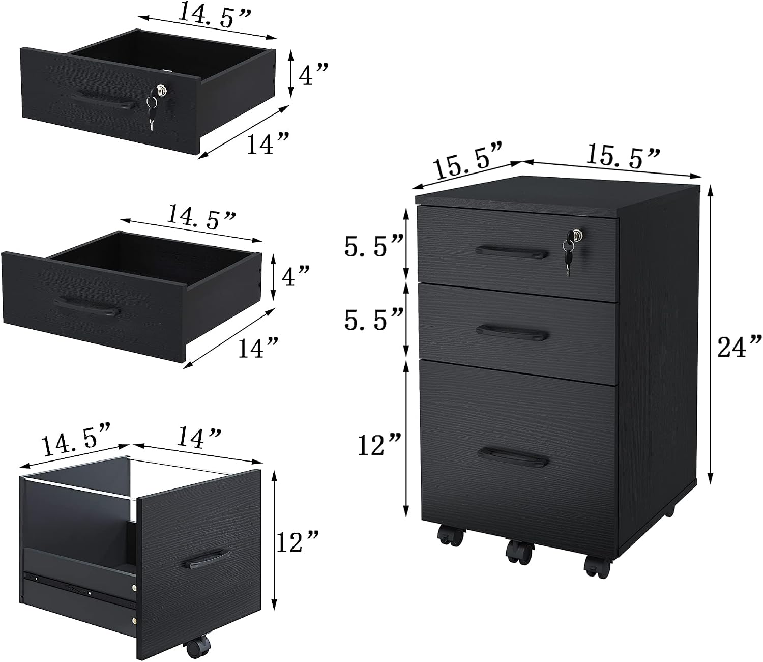 File Cabinet With Lock, 3 Drawer Wood Rolling Filing Under Desk for Home Office, Storage Fits Letter/A4 Size, Mobile Printer Stand, White