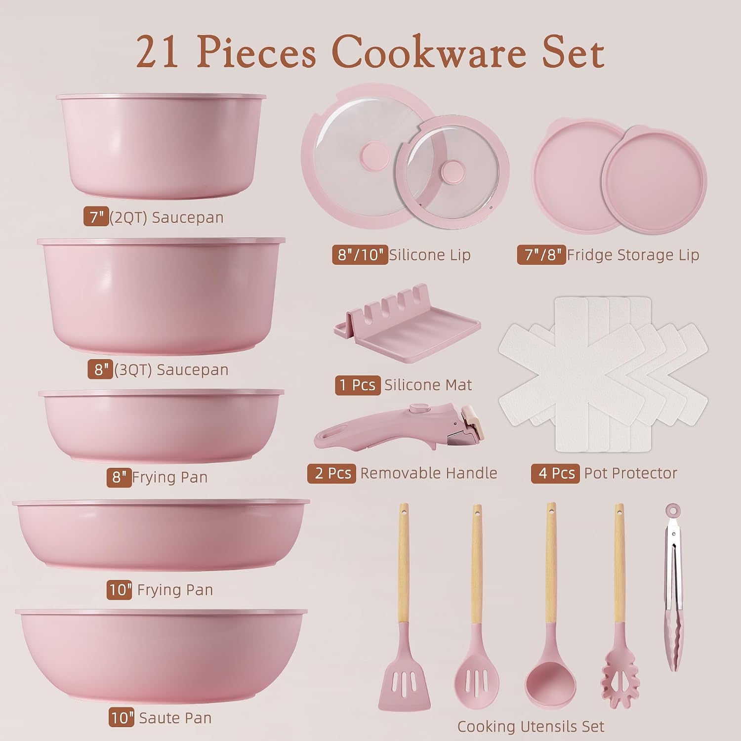 Astercook 21 Pcs Pots and Pans Set Non Stick, Ceramic Cookware Set Detachable Handle, RV Kitchen Cooking Set Removable Handles, Oven Safe, Induction Ready, Stackable, Cream, Fathers Day Gift for Men
