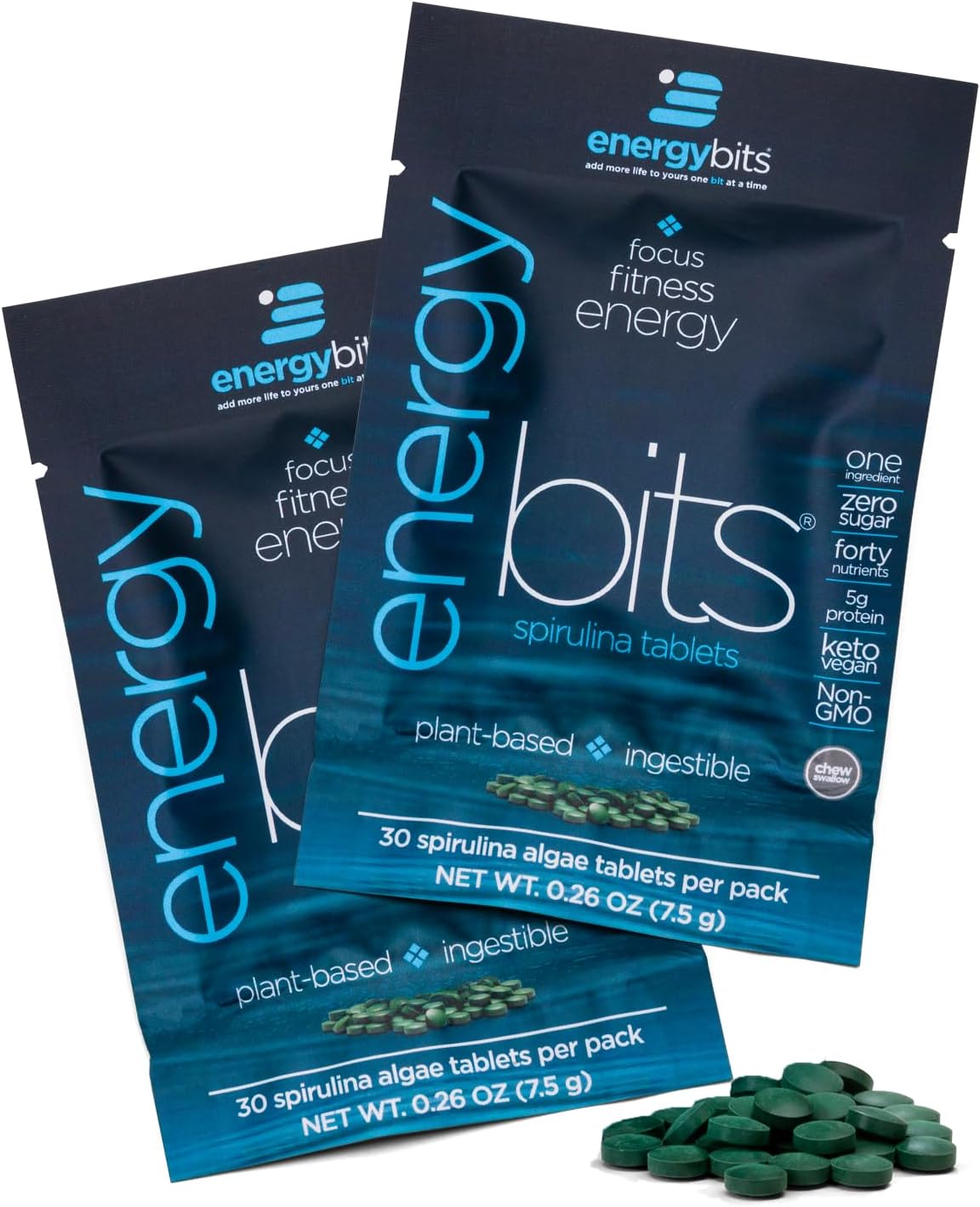 ENERGYBITS Organic Spirulina Tablets (1000 Algae Tablets) Natural Superfood for Energy, Fitness & Focus - 5g Protein, 1 Calorie, Sugar Free - Omega 3 - Spirulina Capsules - Gluten Free, Keto & Vegan