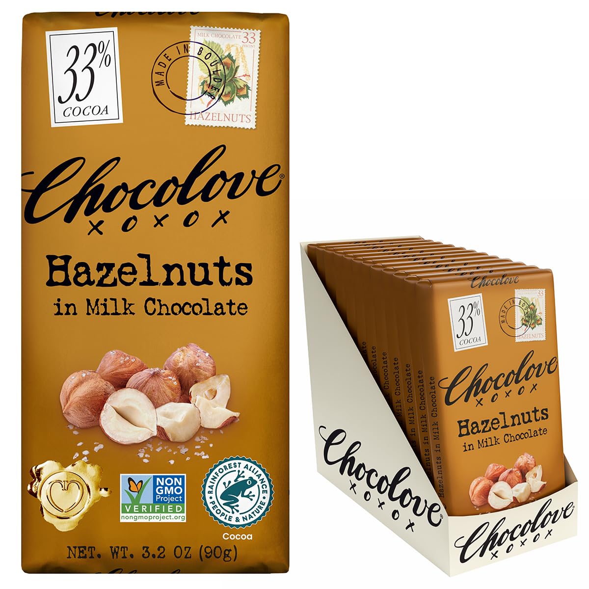 Chocolove Creamy Milk Chocolate Bars | 33% Cocoa | Crafted with Silky Premium Chocolate | Non-GMO, & Gluten-Free, 3.2 oz Bar (12 Pack)