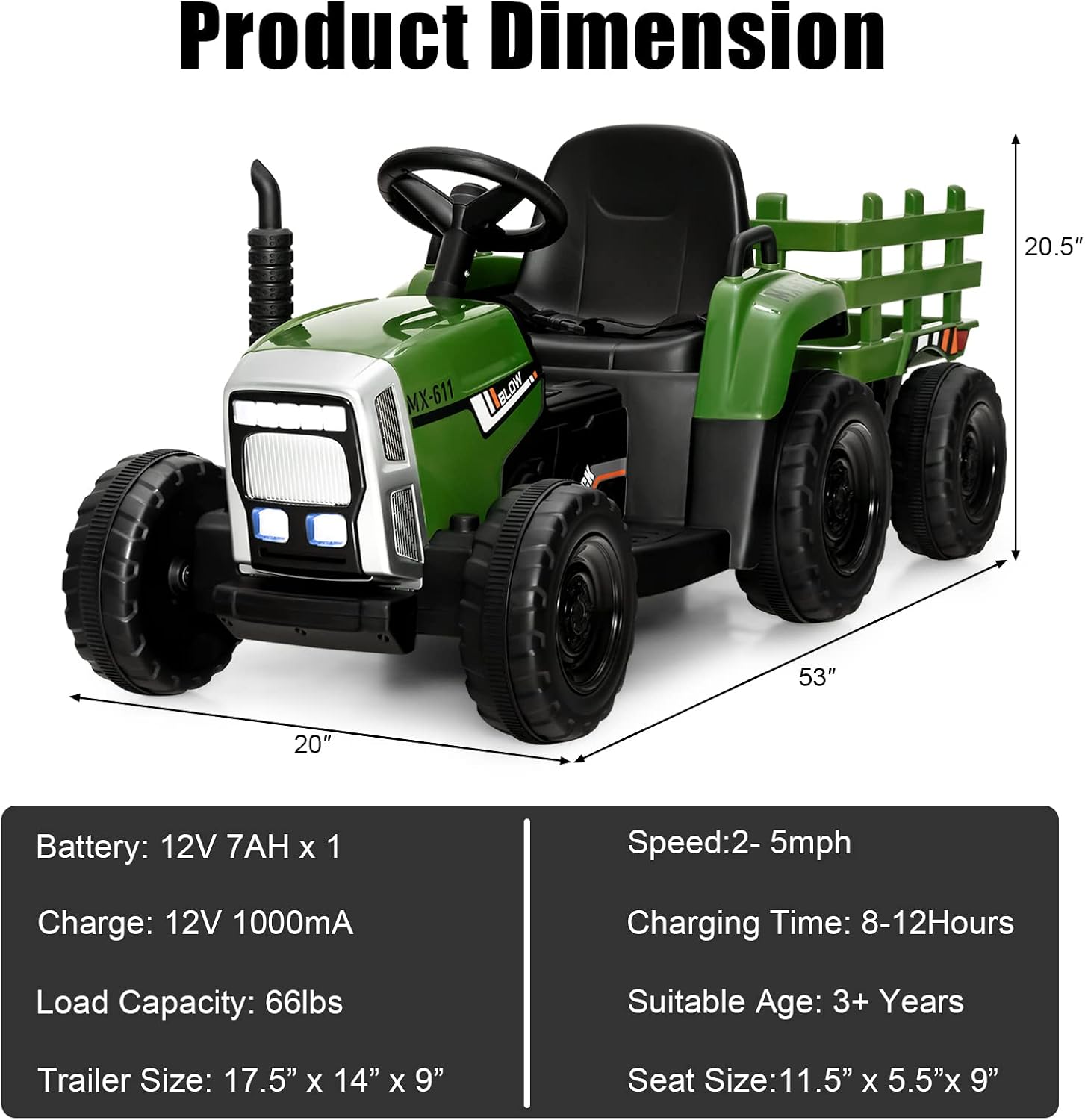 Costzon Ride on Tractor with Detachable Trailer, Kids' Electric Vehicles w/3-Gear-Shift Ground Loader, Wireless Design & USB, 7 LED Headlights