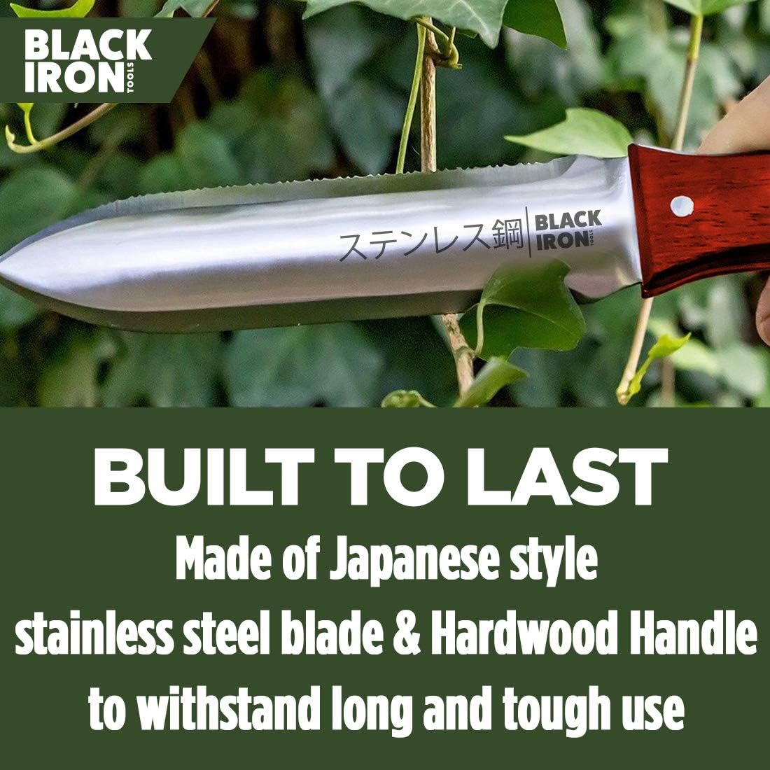 Black Iron Hori Hori Garden Knife [7 Inches, Japanese Stainless Steel] Durable Gardening Tool for Weeding, Digging