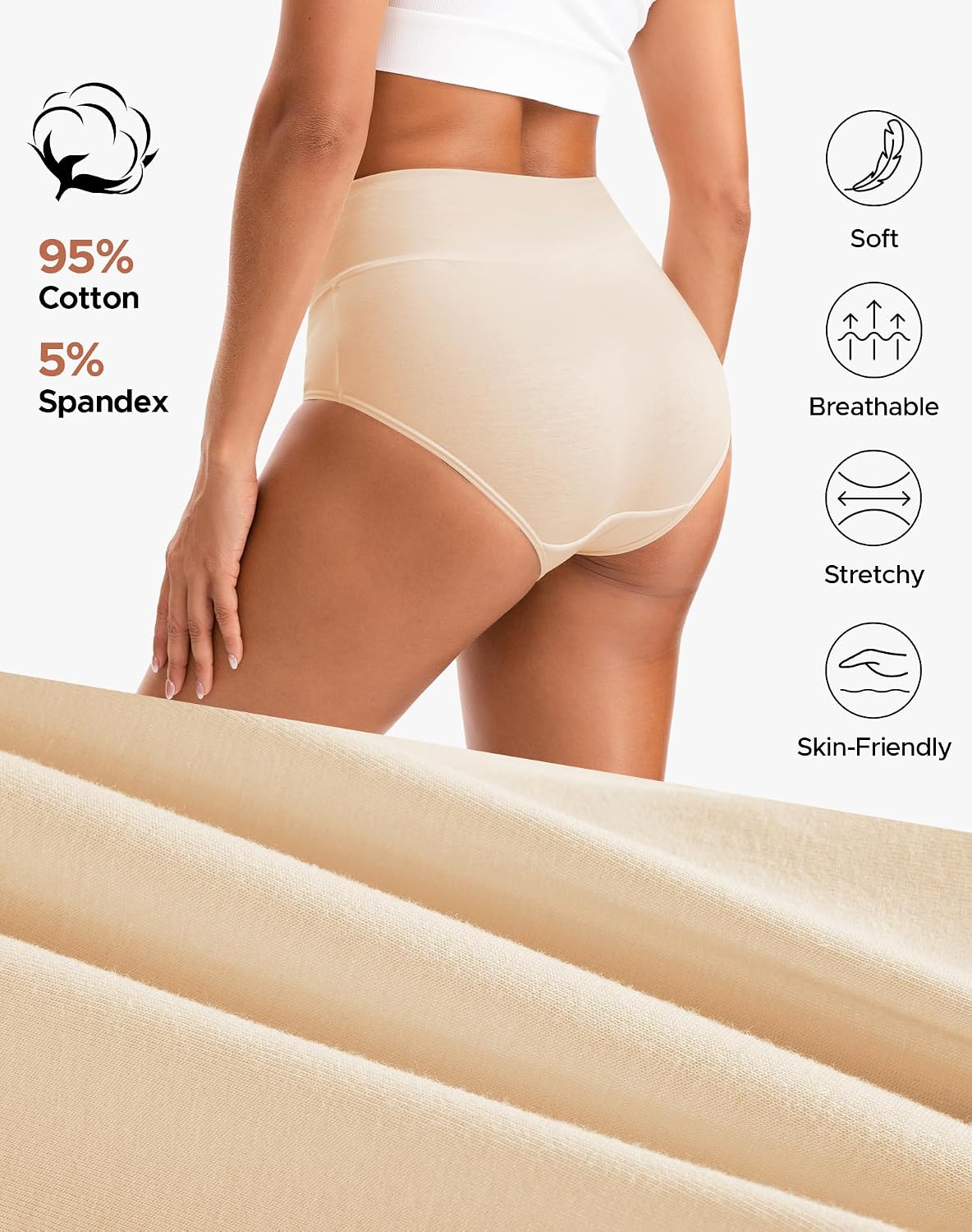 INNERSY Women's High Waisted Underwear Cotton Panties Regular & Plus Size 5-Pack