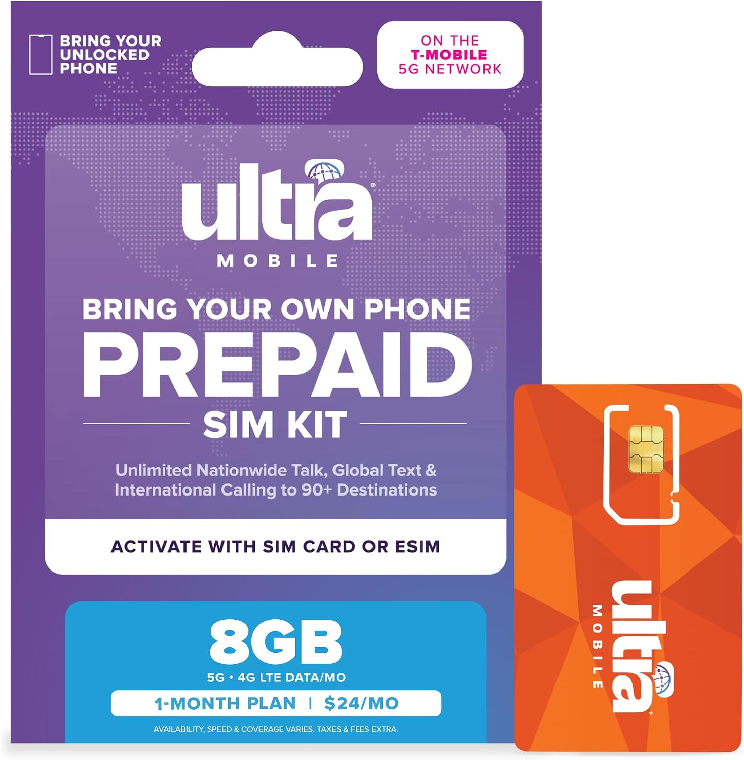 $24/mo. Ultra Mobile Prepaid Phone Plan with Unlimited Talk, Text, & 8GB of 5G • 4G LTE Data for 1 Month (3-in-1 SIM Card Kit)