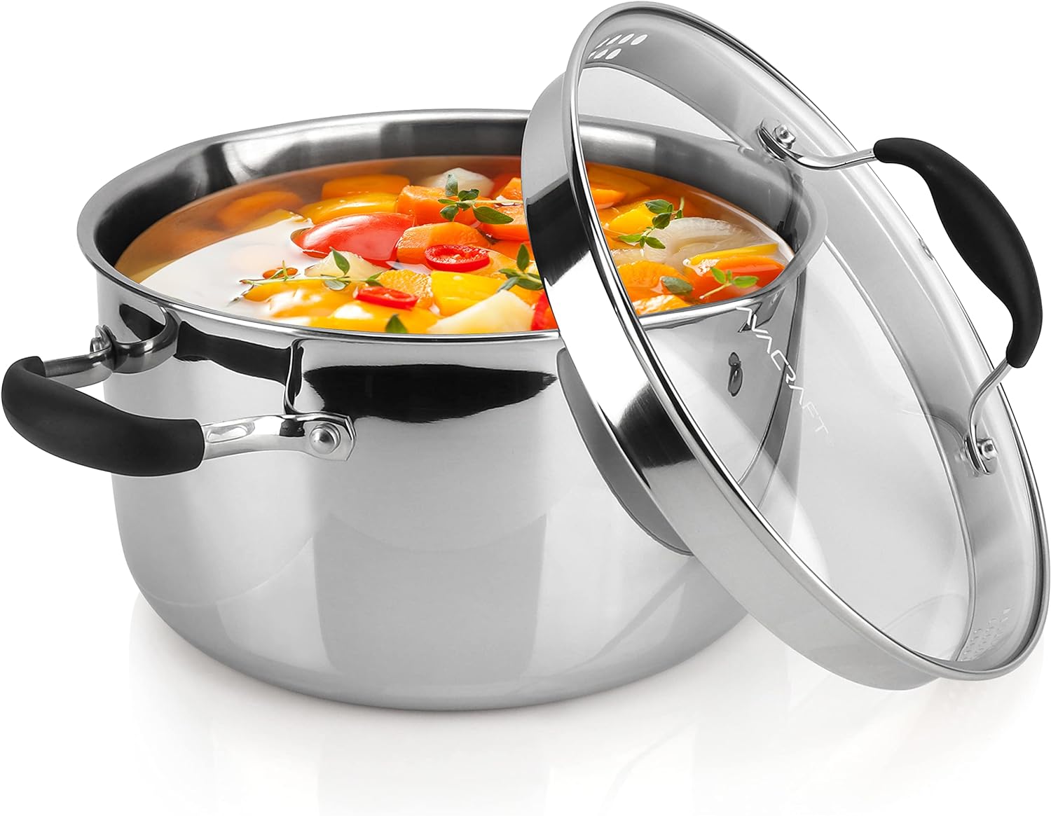 AVACRAFT 6 Quart Stainless Steel Stock Pot with Glass Strainer Lid | 5-Layer Capsule Base, Tempered Glass Strainer Lid, Drip-Free Pour Spouts, Induction Compatible, Dishwasher Safe
