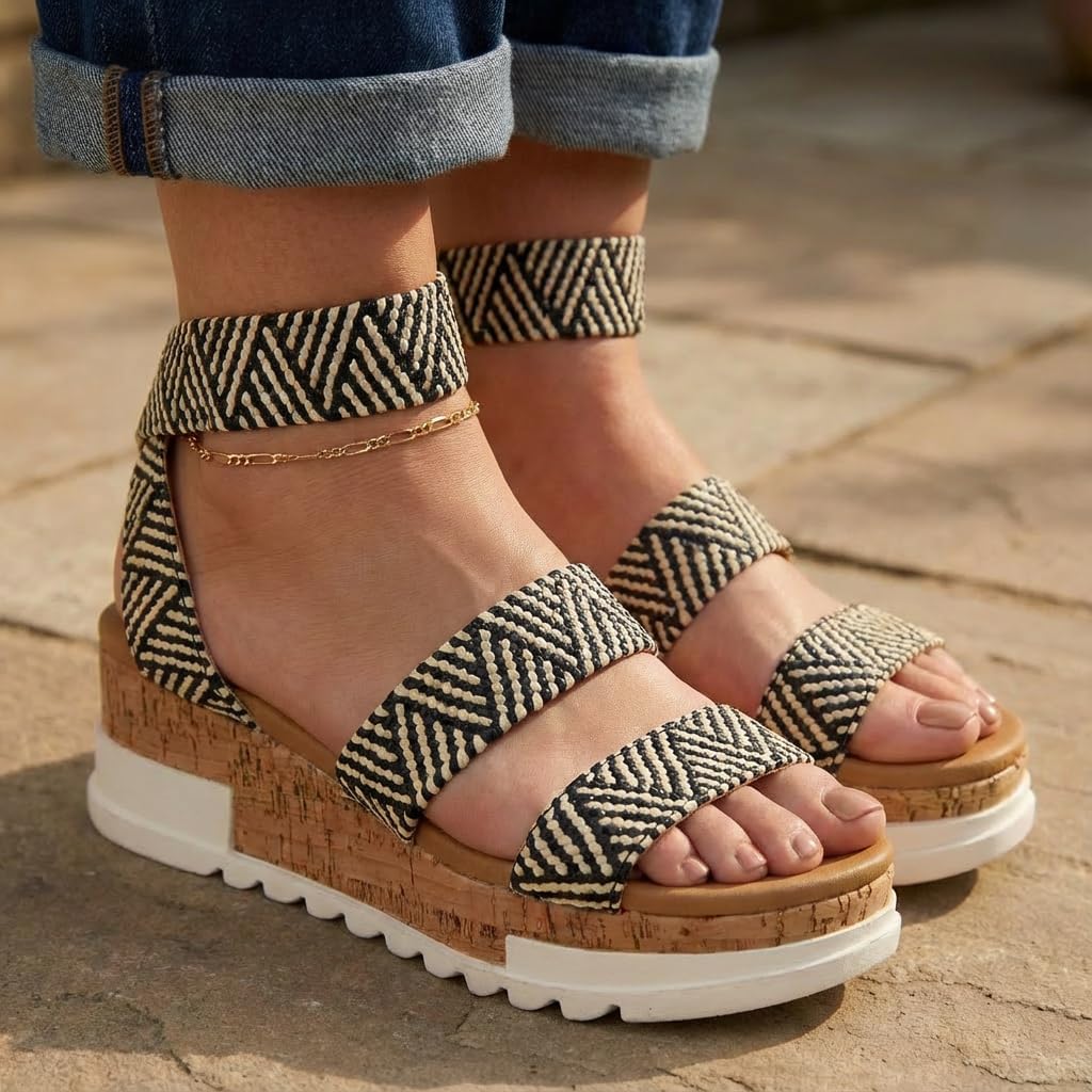 CUSHIONAIRE Naomi Cork Wedge Sandals for Women – Soft Stretch Straps Comfortable Platform Sandals for Women with Memory Foam Insole