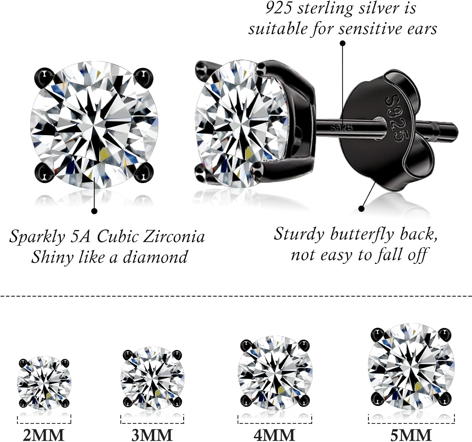 925 Sterling Silver Stud earrings Set | White Gold Plated Hypoallergenic Stud Earrings | Cubic Zirconia Stud Earrings for Women (2mm, 3mm, 4mm, 5mm
