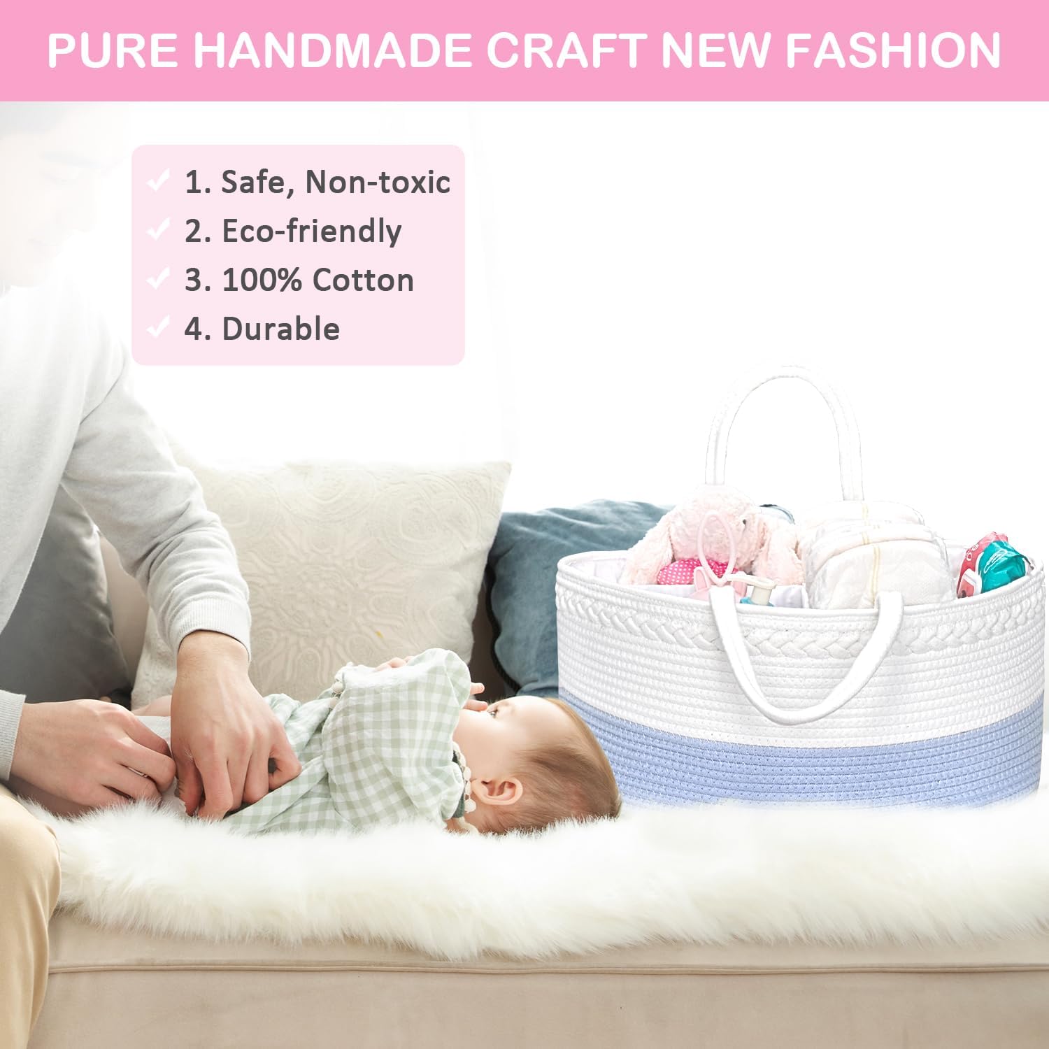 ABenkle Diaper Caddy Organizer - Cotton Rope Nursery Storage Basket for Baby Essentials, Boys & Girls Shower Gift, Changing Table Organizer
