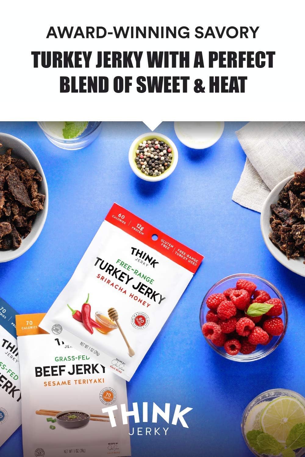 Think Jerky Sesame Teriyaki Beef Jerky, Grass-Fed High Protein Beef Jerky, Gluten Free, No Antibiotics or Nitrates, Healthy Chef Crafted Recipe, Low Calorie and Low Fat - 2.2 oz Bags, 4 Pack