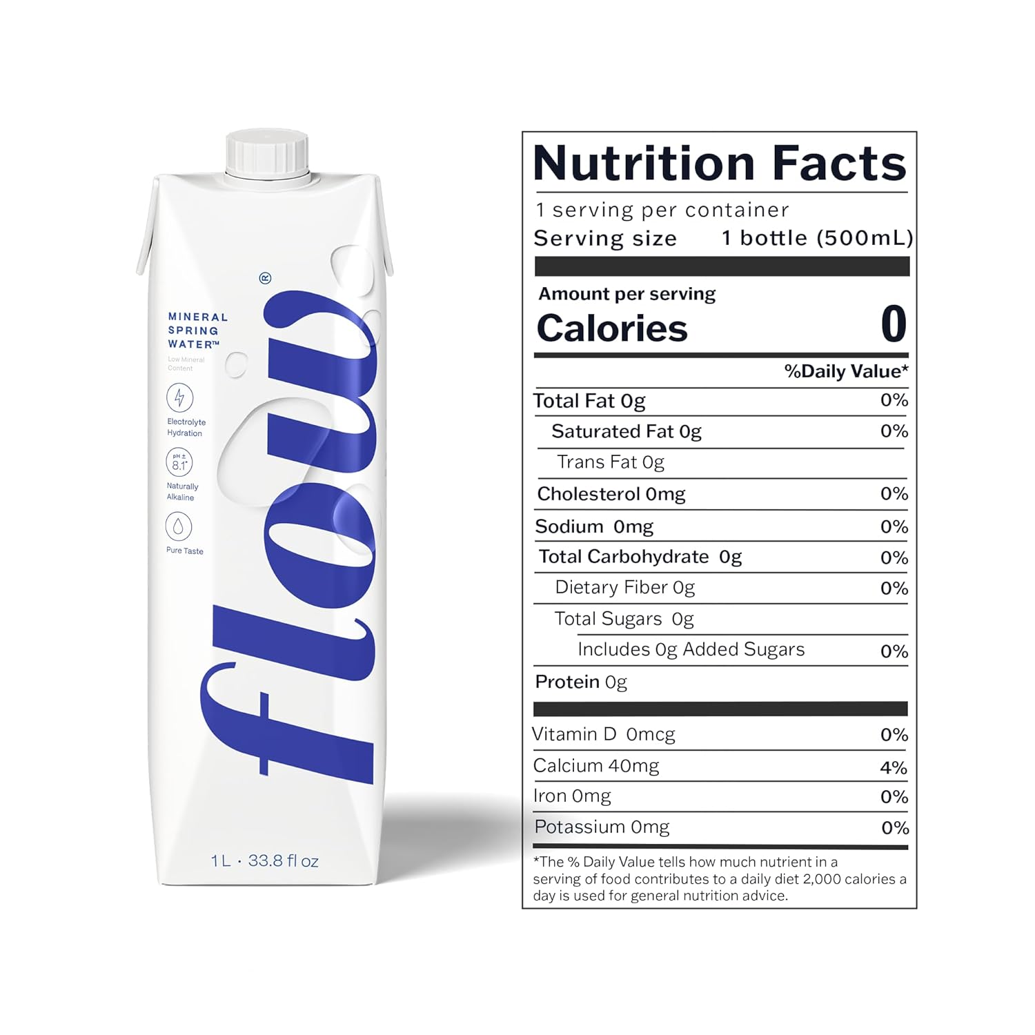 Flow Artesian Mineral Spring Water, 33.8 Fl Oz, 6 Pack | Naturally Alkaline Water, pH 8.1, Electrolytes, Minerals, Zero Calories, Eco-friendly pack, Non-GMO, BPA-Free