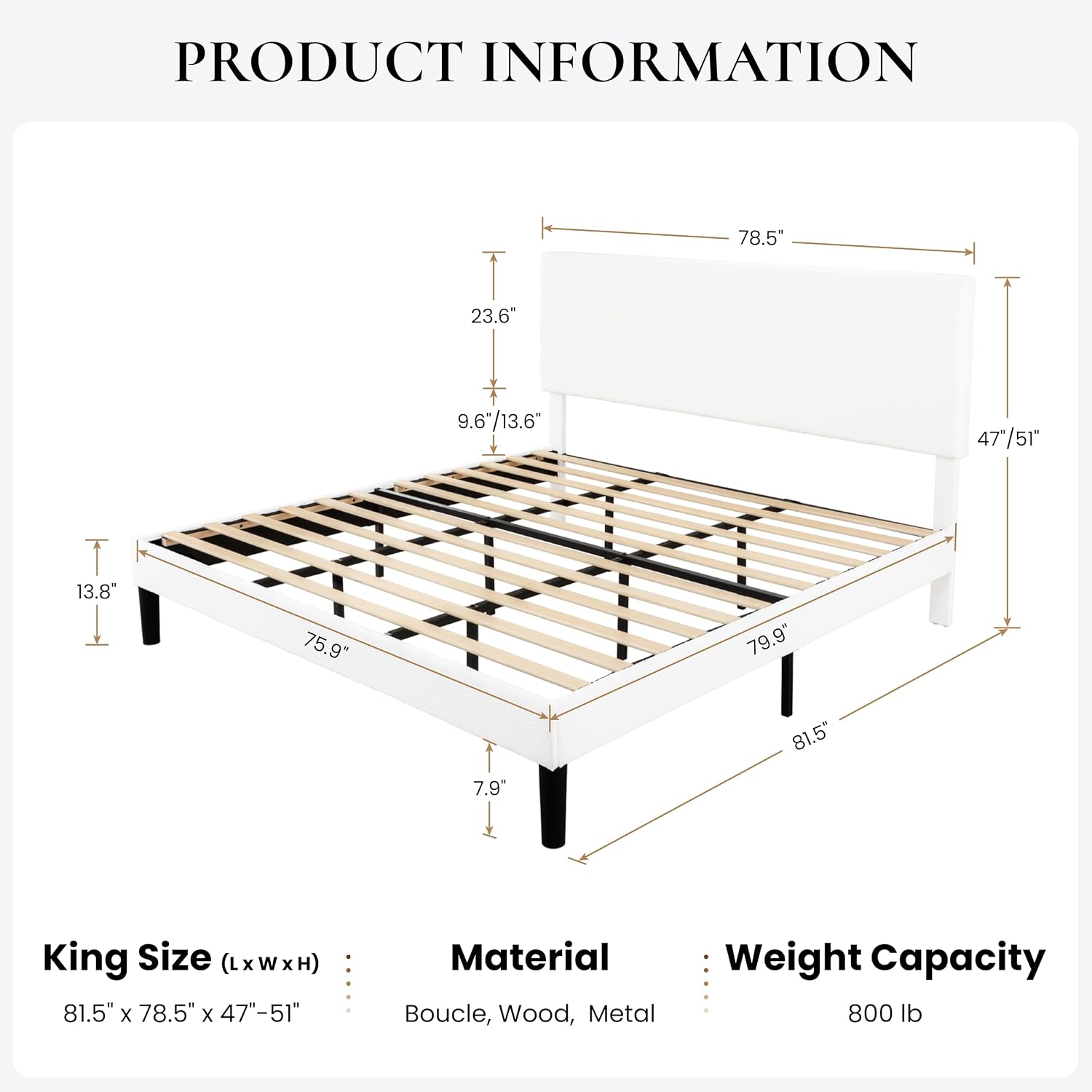 SHA CERLIN Boucle Upholstered Queen Size Bed Frame, White | Platform Bed with Adjustable Headboard, Wooden Slats Support, No Box Spring Needed, Noise-Free, Easy Assembly