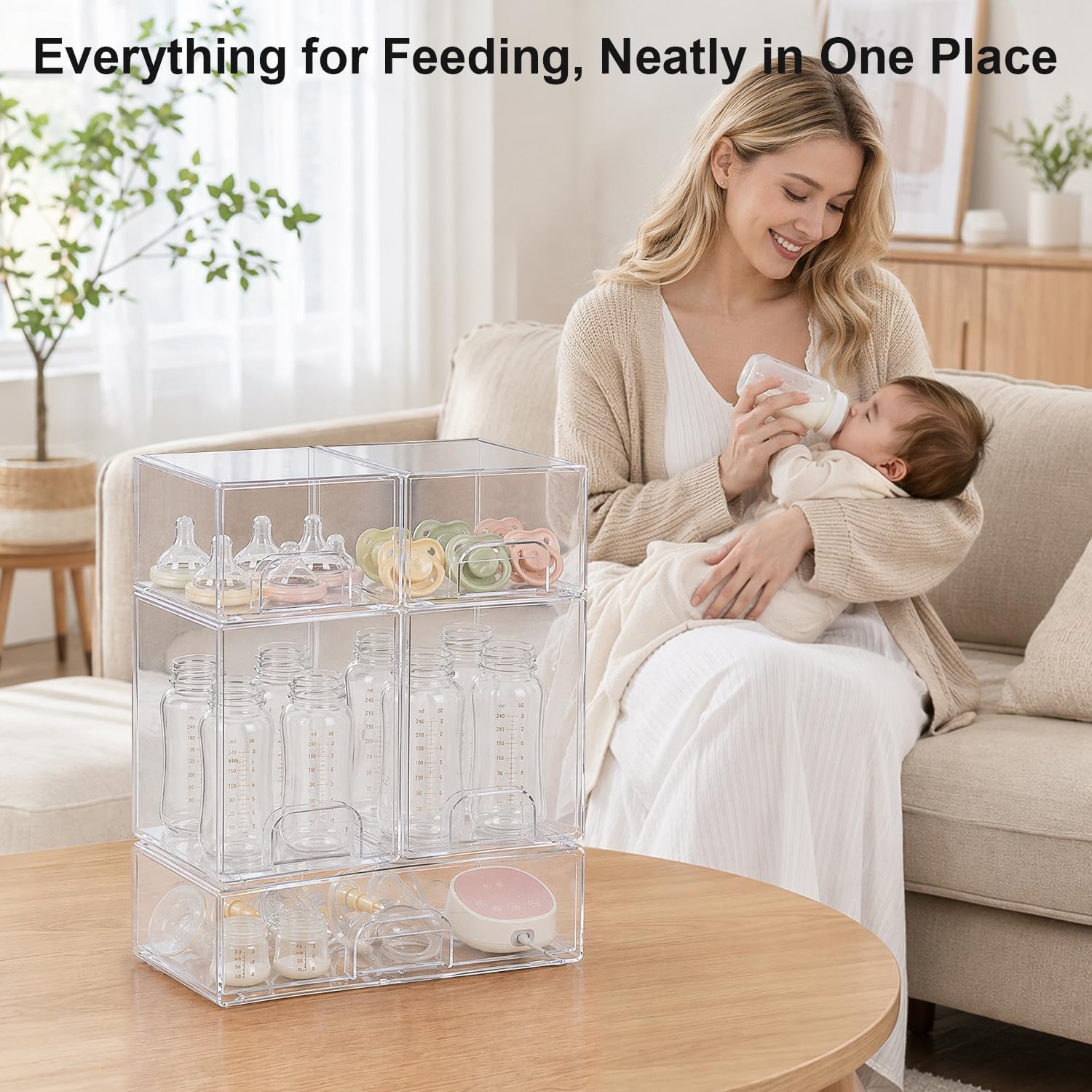 QRRICA Baby Bottle Organizer for Countertop, 5-Piece Stackable Clear Acrylic Storage with Non-Slip Pads & Handles – Large Capacity for Kitchen