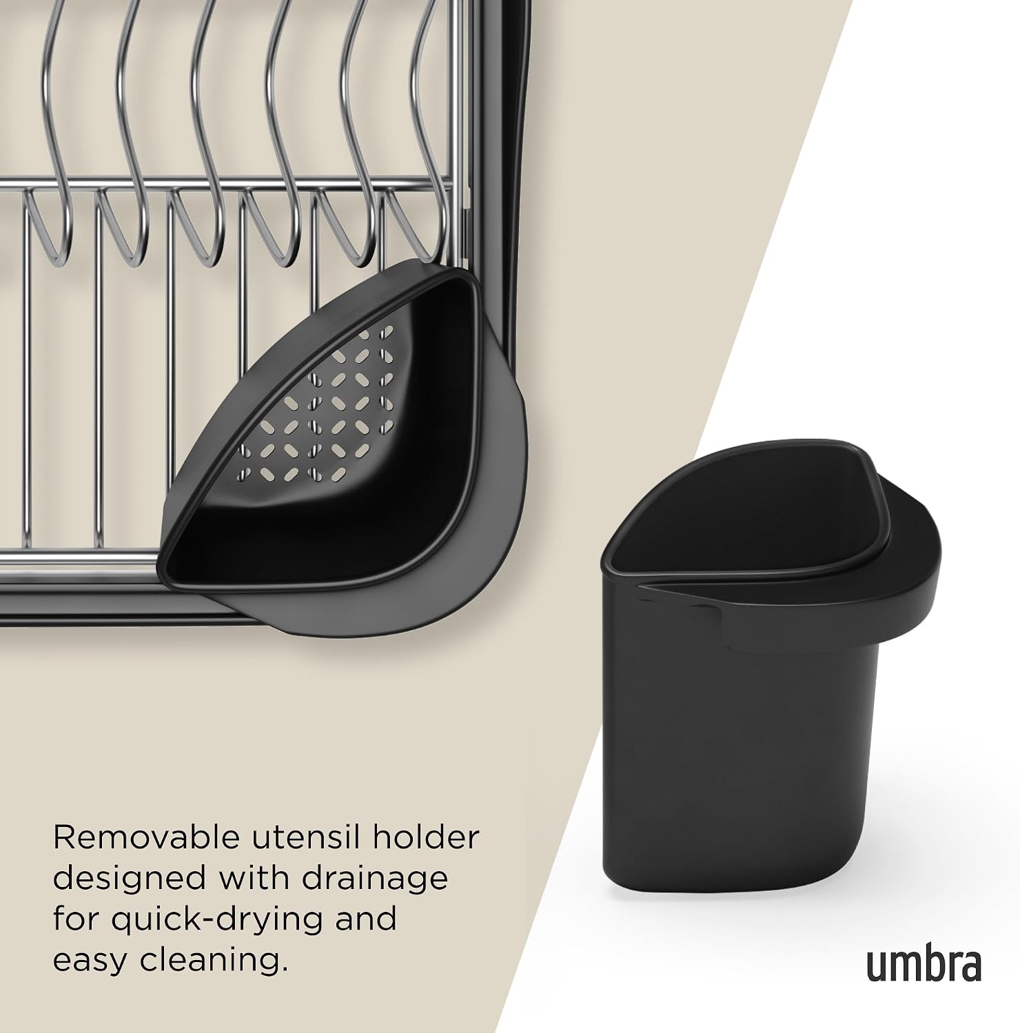 Umbra Sinkin Dish Drying Rack, in Sink or Countertop Drainer, Black/Nickel | Removable utensil holder, non slip rubber feet, fits standard sizes, coated wire and plastic