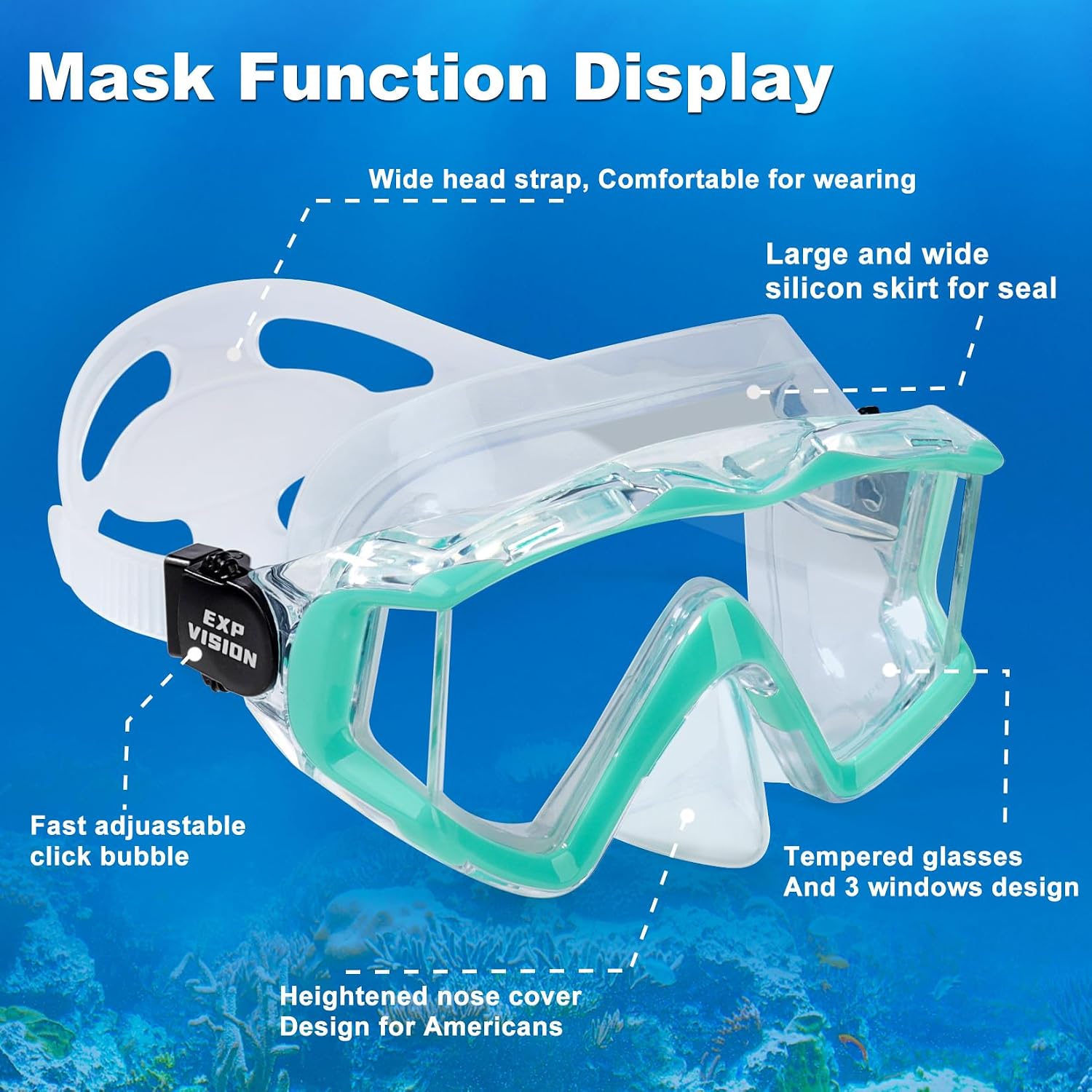 Adult Pano 3 Scuba Diving Mask, Tempered Glass Snorkel Mask Anti-Fog Swim Mask No Leakage Swim Goggles with Nose Cover Snorkeling Gear for Snorkeling