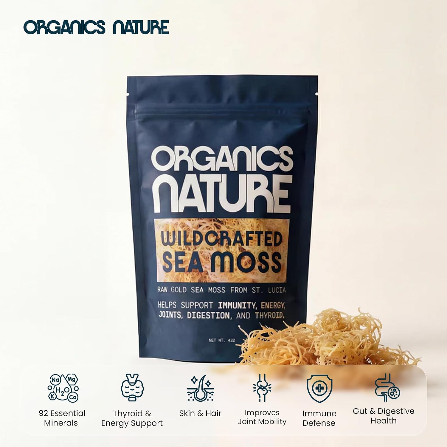 ORGANICS NATURE Raw Sea Moss, Irish Wildcrafted, Sun Dried, St Lucia, 4 Oz