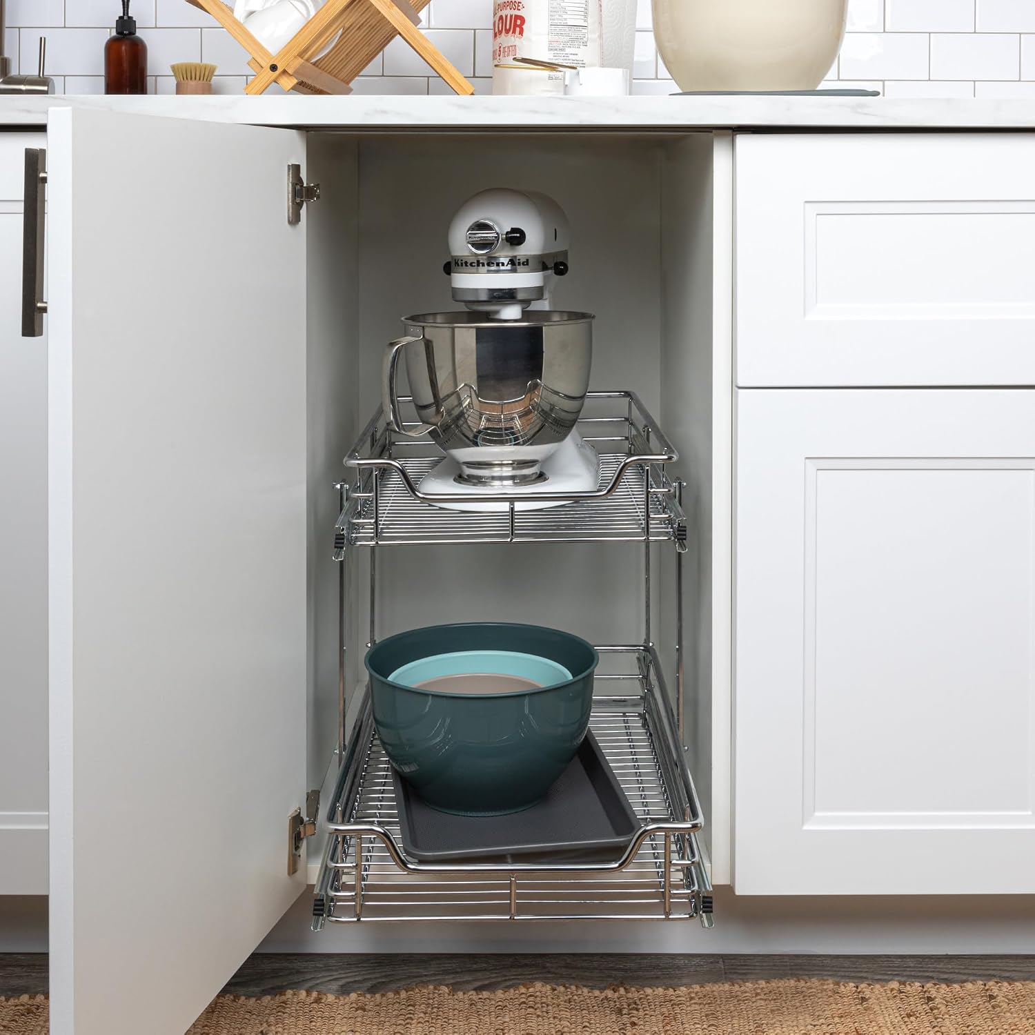 Household Essentials Glidez 2‑Tier Multipurpose Chrome‑Plated Steel Pull‑Out/Slide‑Out Under Cabinet Organizer, Chrome Finish